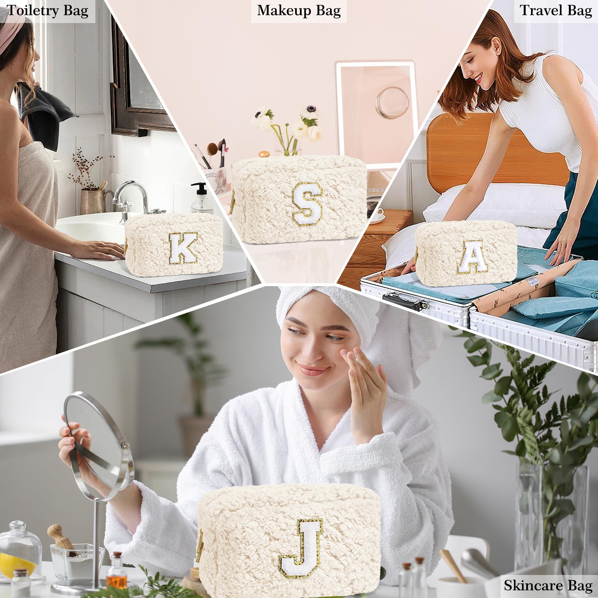 YOOLIFE Personalized Initial Makeup Bag with Brush Pouch - Cute Cosmetic Organizer for Women, Bridal Shower Gift, Birthday Present for Her, Sister, Mom & Teacher (White) | Perfect for Travel, Daily Makeup Storage & Special Occasion Gifts