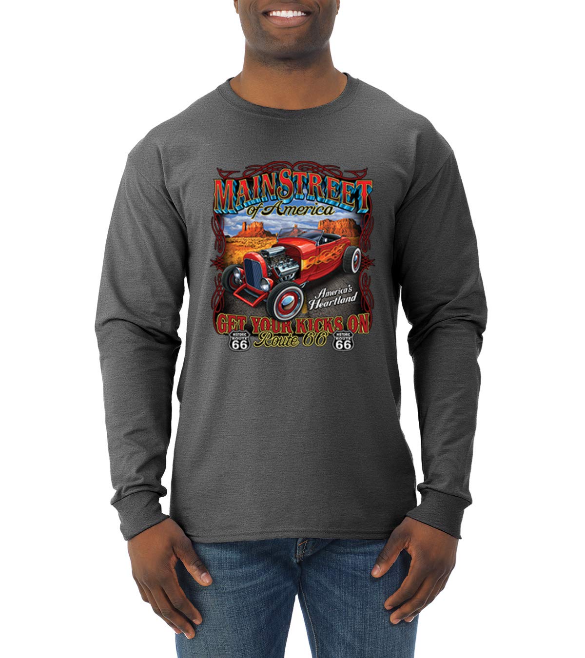 Vintage Route 66 Hot Rod Cars & Trucks Men's Long Sleeve T-Shirt | Classic American Road Trip Style for Casual Wear & Motorcycle Rides