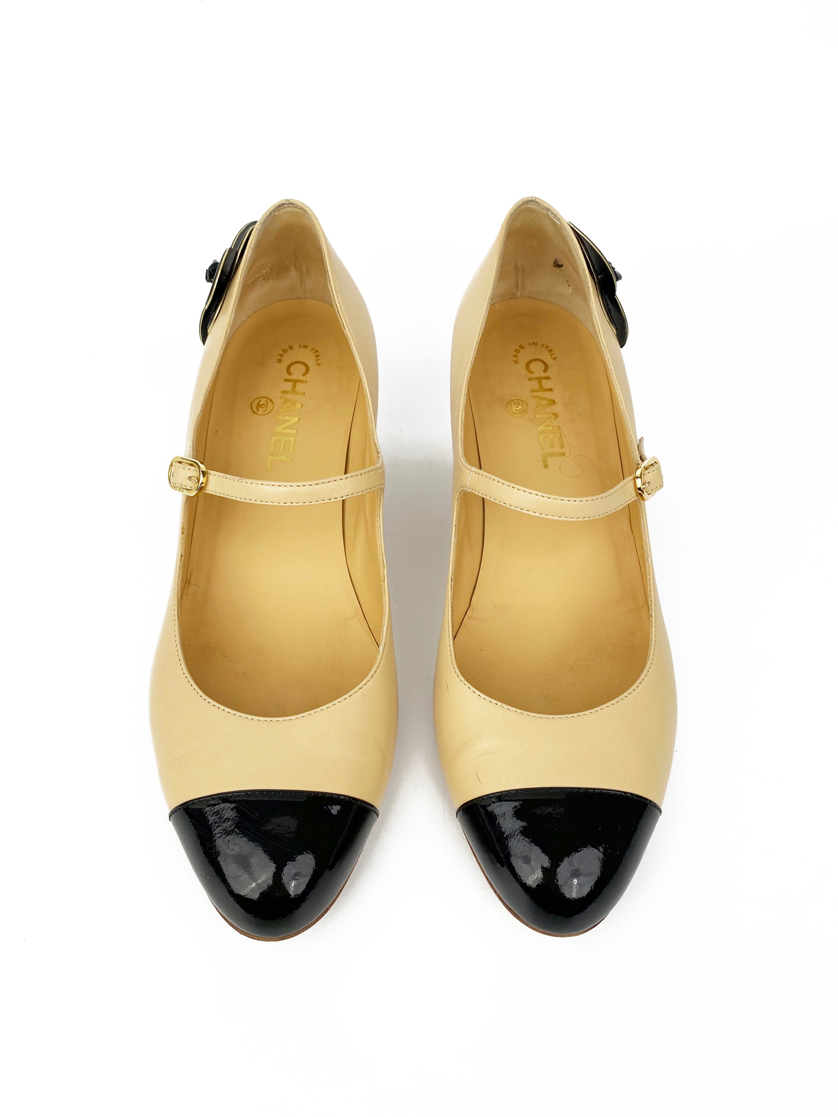 Chanel Nude & Black Leather Mary Jane Pumps with Camellia Flower Detail - Size 40 | Elegant Women's Dress Shoes for Weddings, Parties & Special Occasions