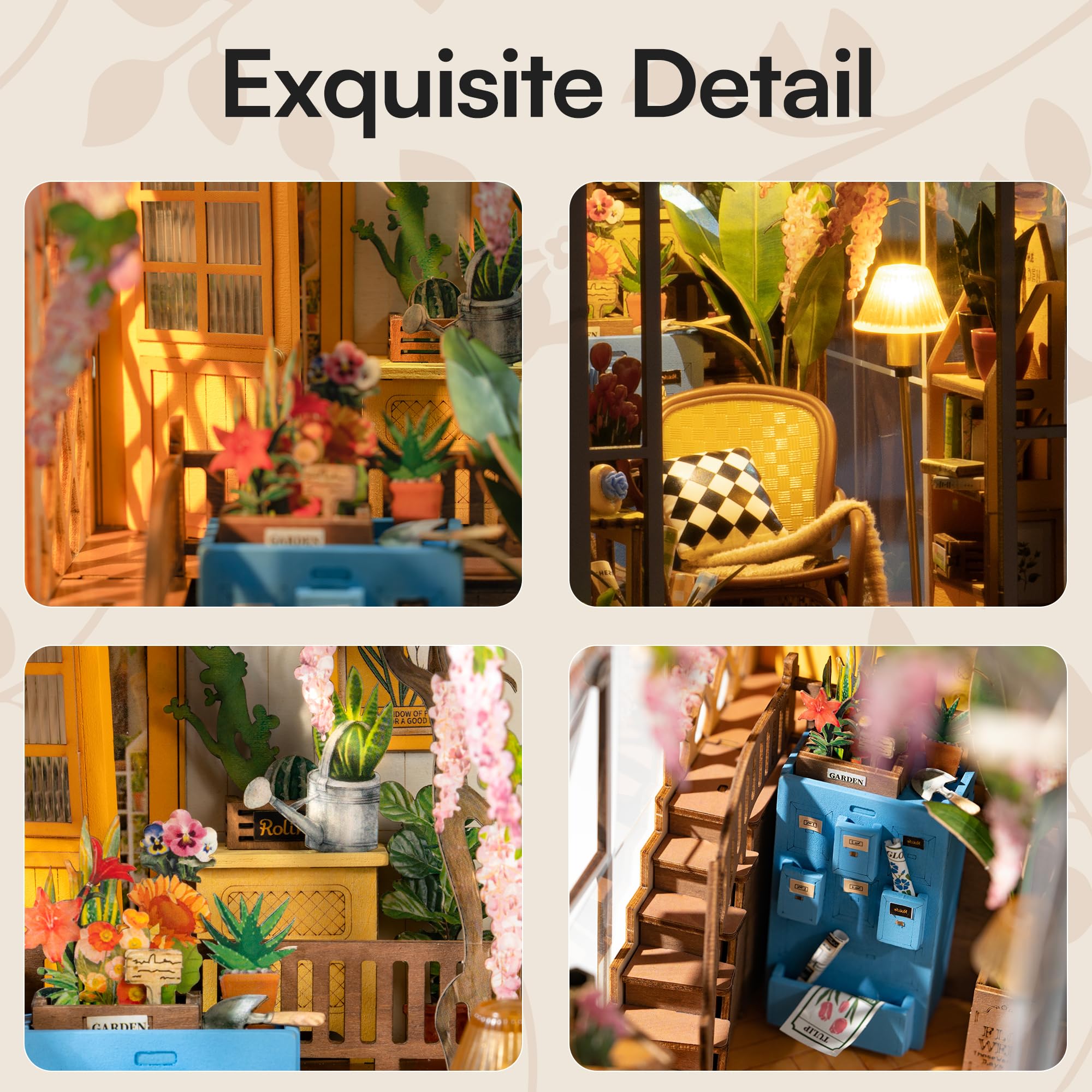 ROBOTIME DIY 3D Wooden Book Nook Kit - Miniature Garden House Model with LED Lights, Creative Bookshelf Insert & Bookend Decor | Perfect for Home Office, Library Display, and Unique Gift for Puzzle Lovers