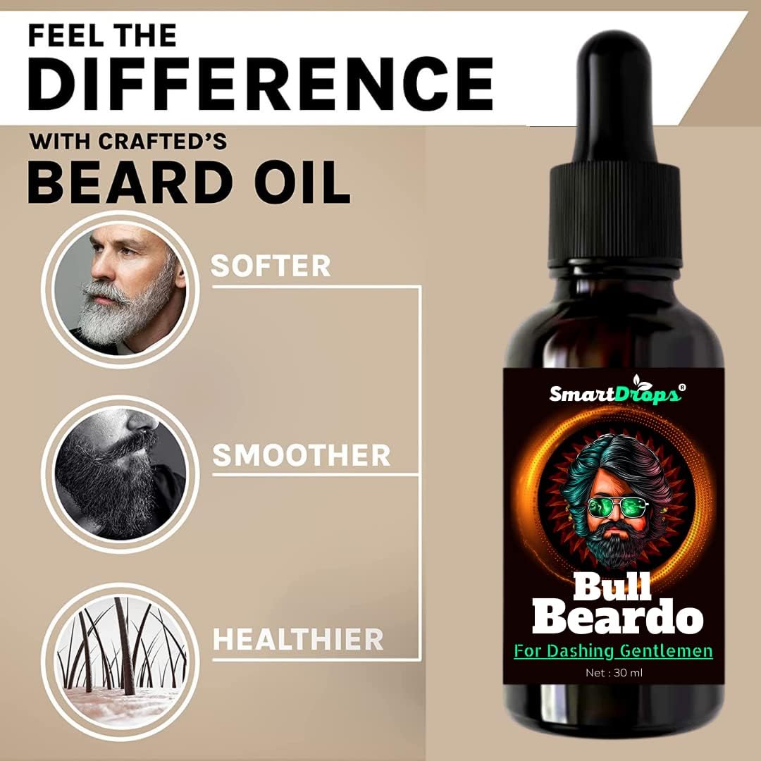 Premium Beard Growth Oil for Men - Smartdrops Bull Beardo Formula (30ml, Pack of 2) | Natural Ingredients for Thicker, Fuller Facial Hair | Perfect for Daily Grooming & Styling Routine