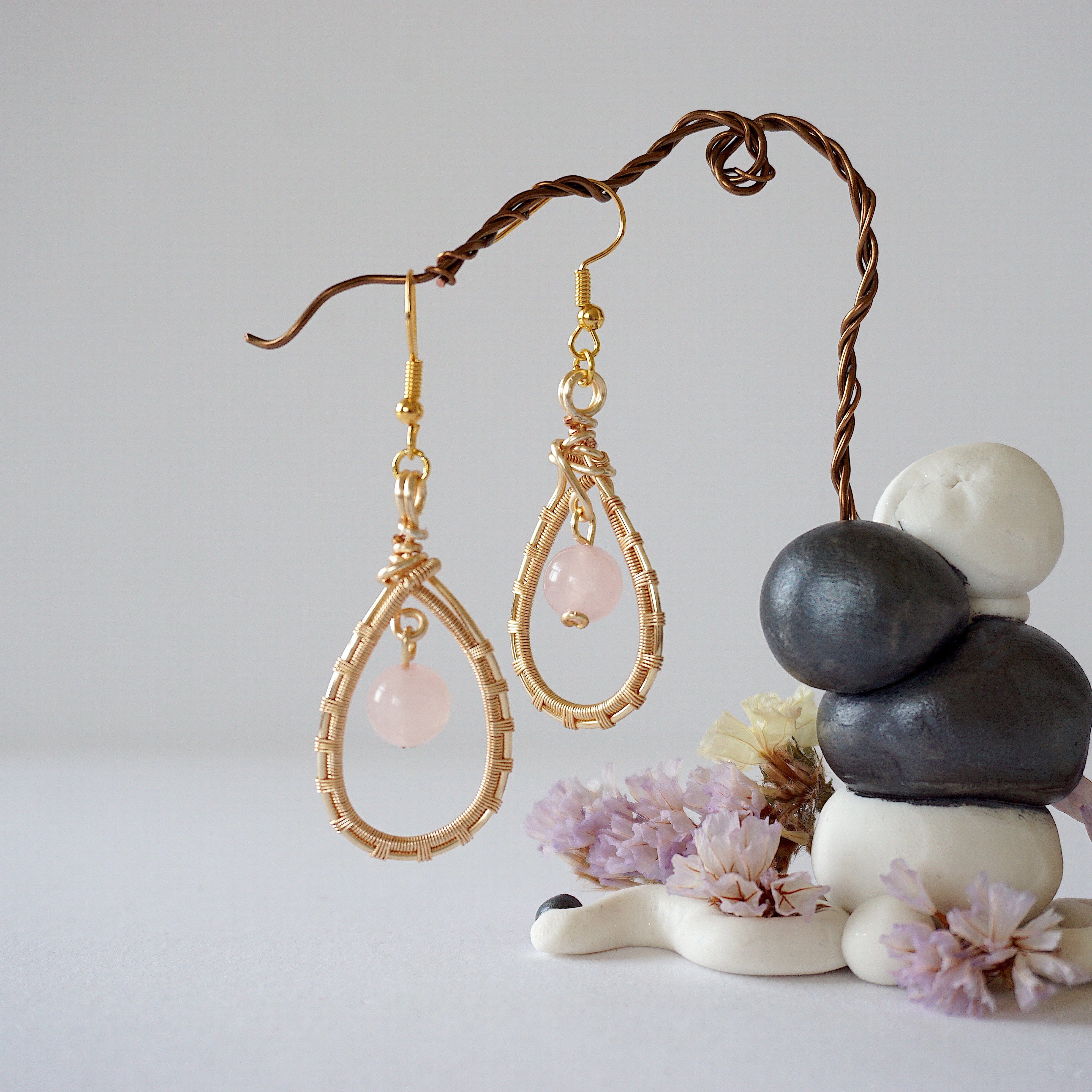 Rose Quartz Round Wire Earrings - Gold Plated Dangle Earrings for Women, Healing Crystal Jewelry Gift for Mom, Wife, Girlfriend - Perfect for Valentine's Day, Birthday & Everyday Wear