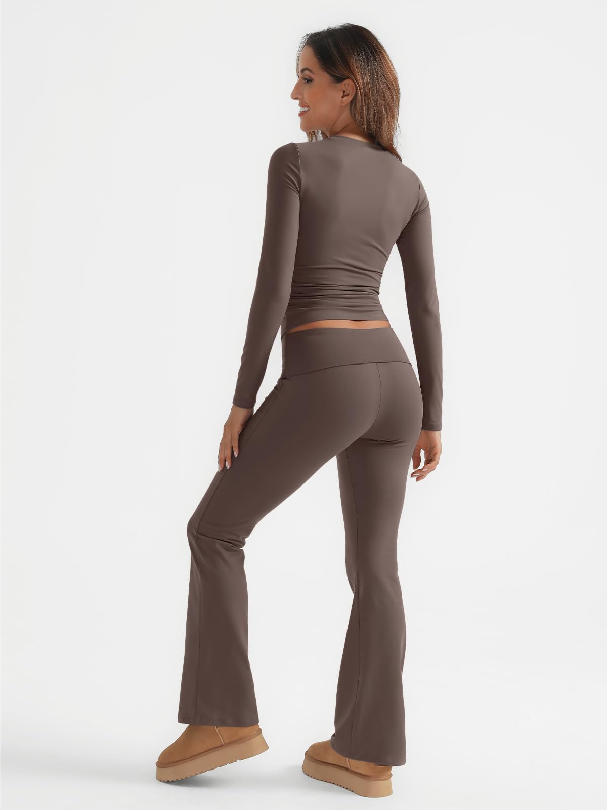 Trendy Queen Women's 2-Piece Lounge Set - Long Sleeve Shirt & Fold-Over Yoga Pants | Soft Comfort Outfit for Home, Workout & Casual Wear | Perfect for Yoga, Running Errands & Relaxing at Home
