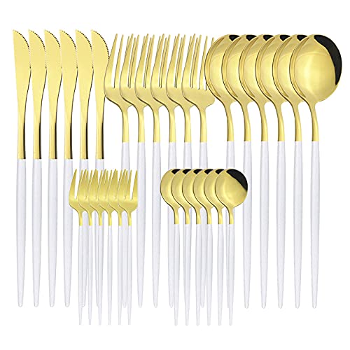Premium 30-Piece Stainless Steel Silverware Flatware Set - Elegant White Gold Cutlery for Dining, Kitchen, Wedding & Special Occasions | Includes Knives, Forks & Coffee Spoons | Durable & Stylish Tableware for Everyday Use & Entertaining
