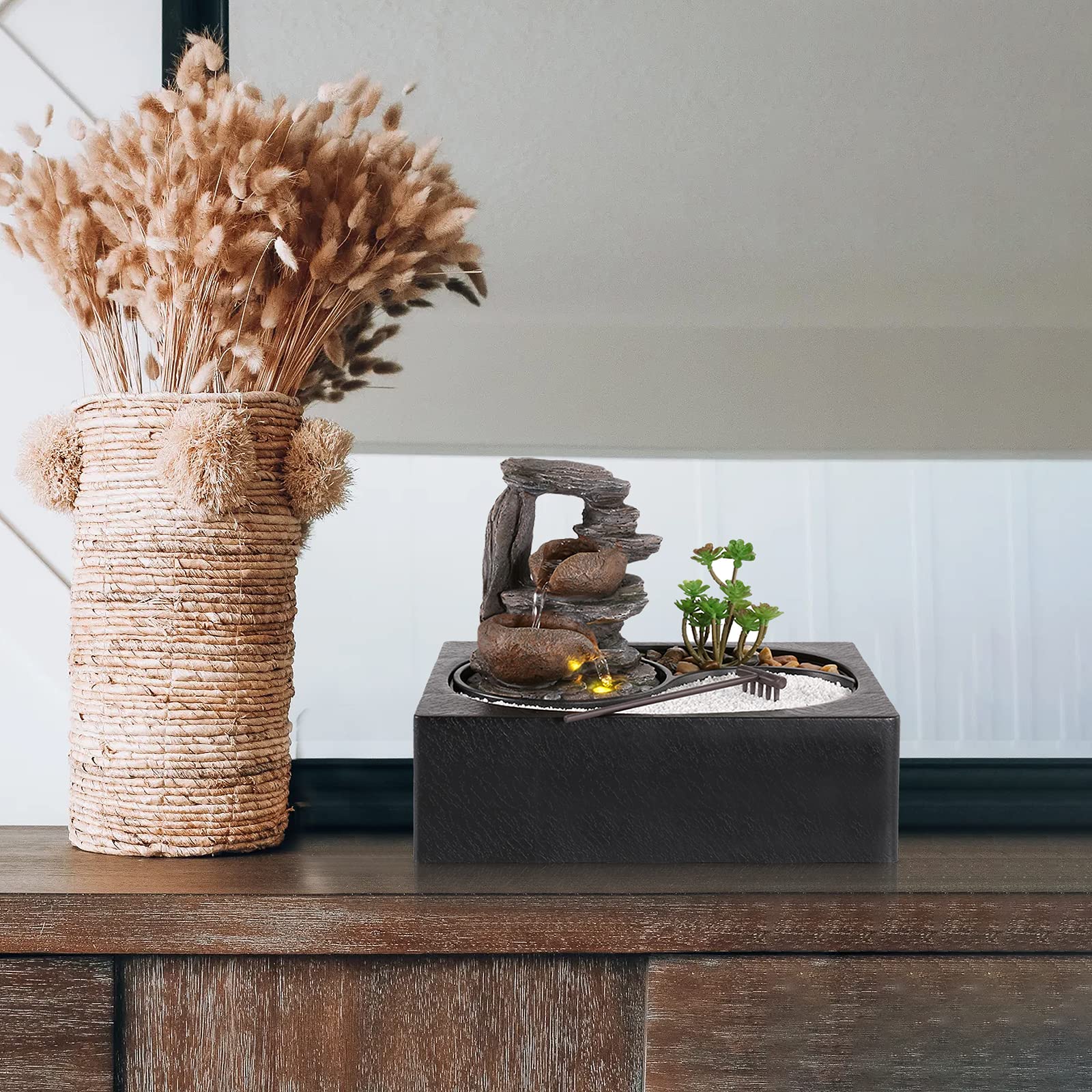 Dyna-Living Indoor Tabletop Water Fountain with Pump - Zen Garden Relaxation Desk Waterfall Fountain for Home, Office, Yoga & Meditation Room Decor - Perfect for Stress Relief & Feng Shui (Style 2)