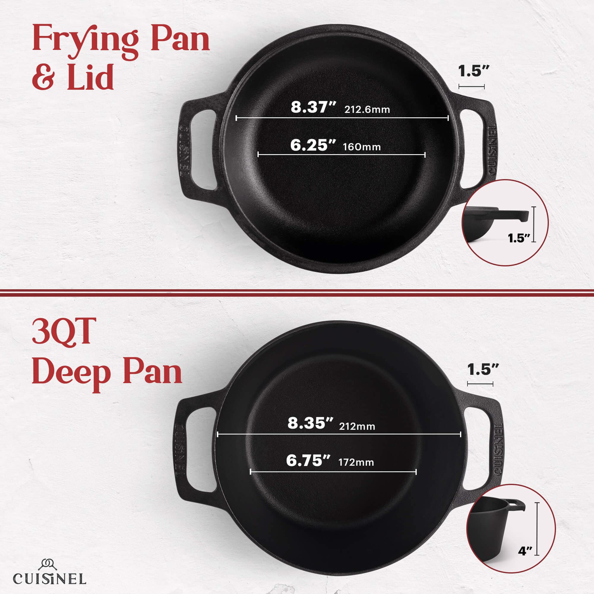 Cuisinel 3-Quart Cast Iron Dutch Oven & Skillet Combo - Pre-Seasoned 2-in-1 Multi-Cooker with 8