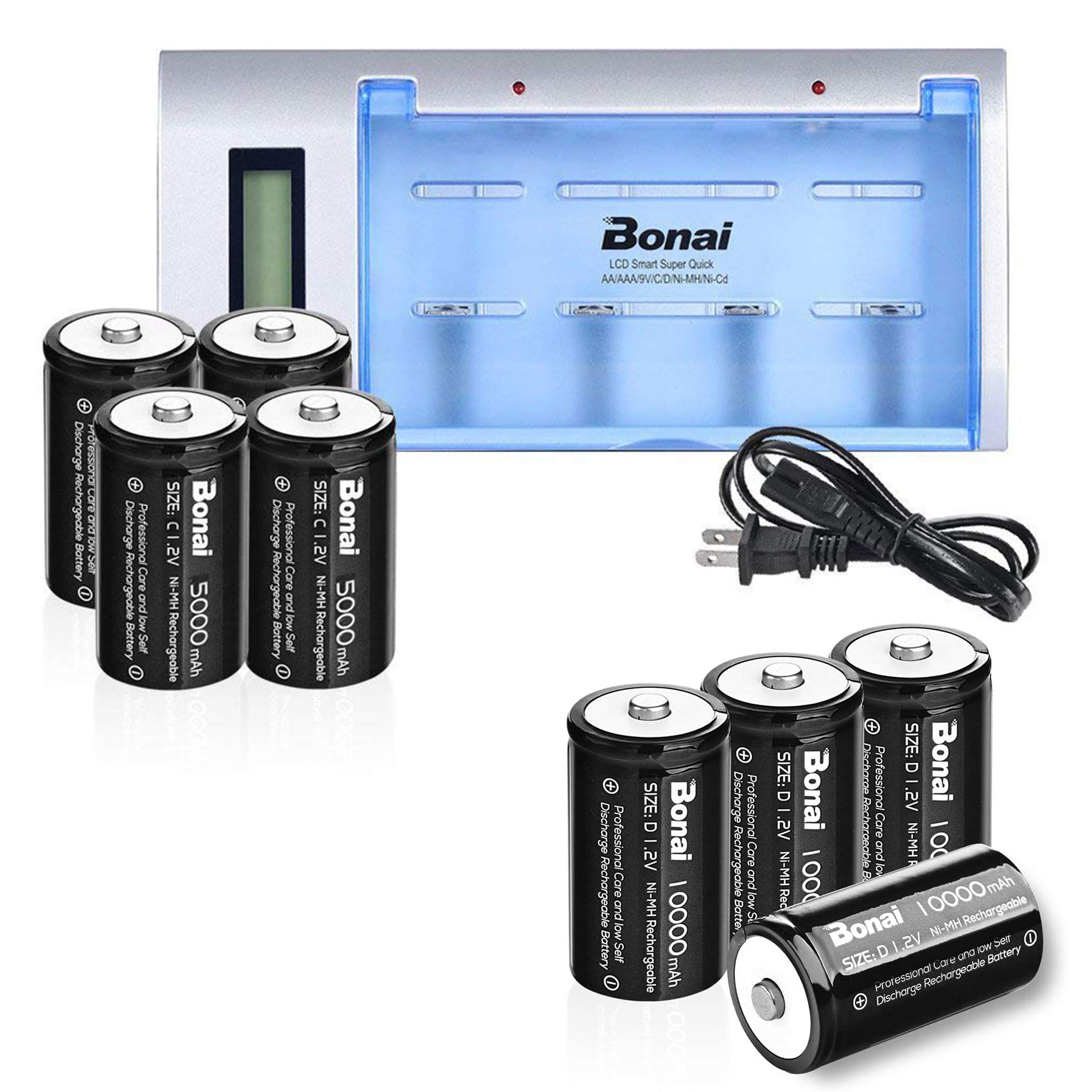 BONAI Rechargeable C Batteries 5000mAh 4-Pack with LCD Battery Charger - Compatible with C D AA AAA 9V Ni-MH Ni-CD Batteries - High Capacity 1.2V Ni-MH Power for Flashlights, Toys, Remote Controls & Electronic Devices