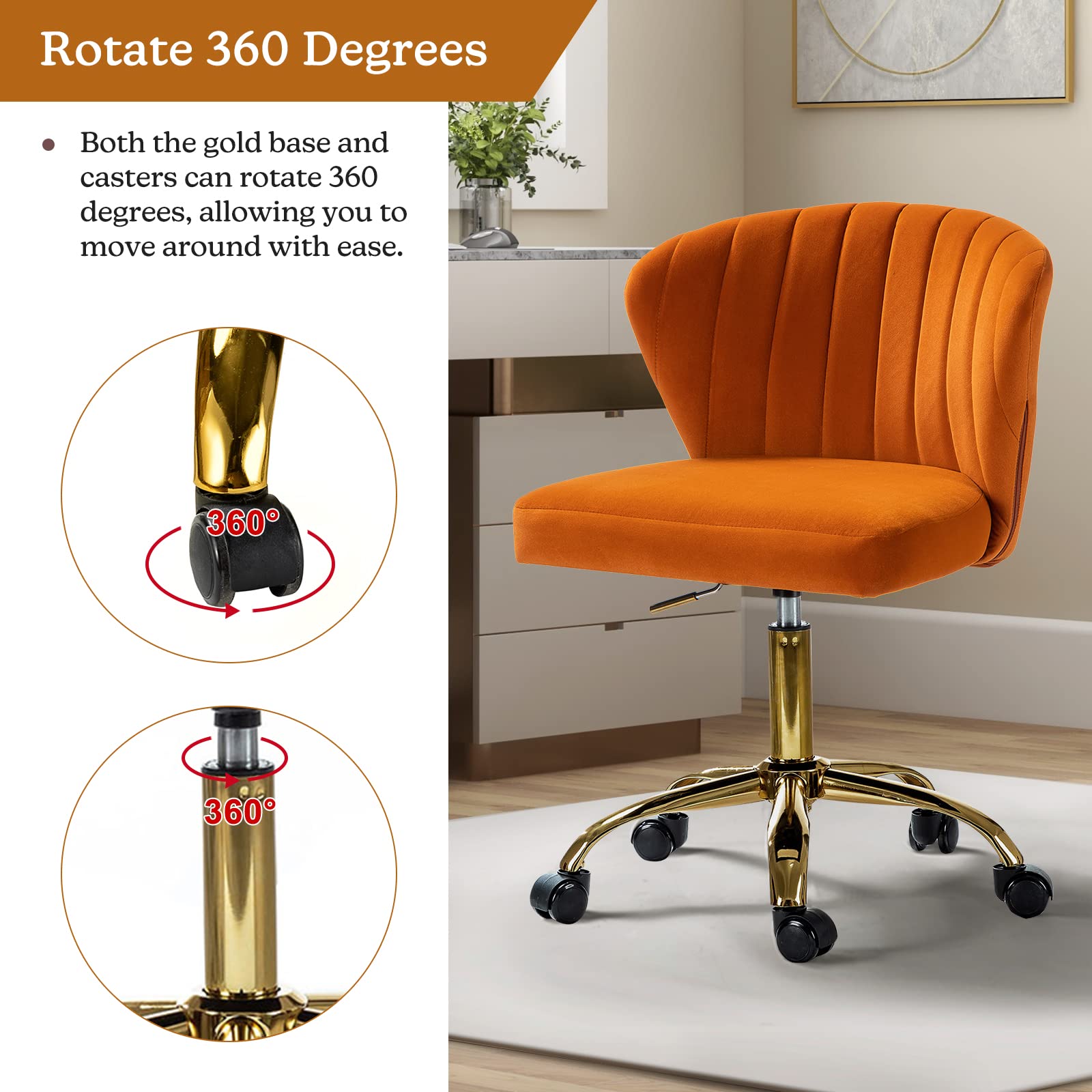 Modern Velvet Armless Office Chair with Wheels & Gold Base - Adjustable Low Back Swivel Rolling Task Chair for Home Office, Living Room, Vanity or Study - Soft Upholstered Desk Chair in Stylish Orange