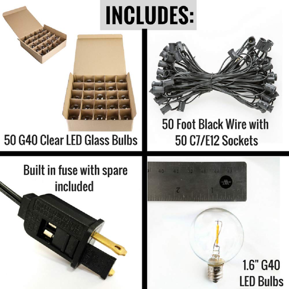 G40 LED Warm White Outdoor Patio String Lights - 50 ft Black Wire with 0.6W Bulbs - Weatherproof Decorative Lighting for Backyard, Garden, Wedding & Party Decor