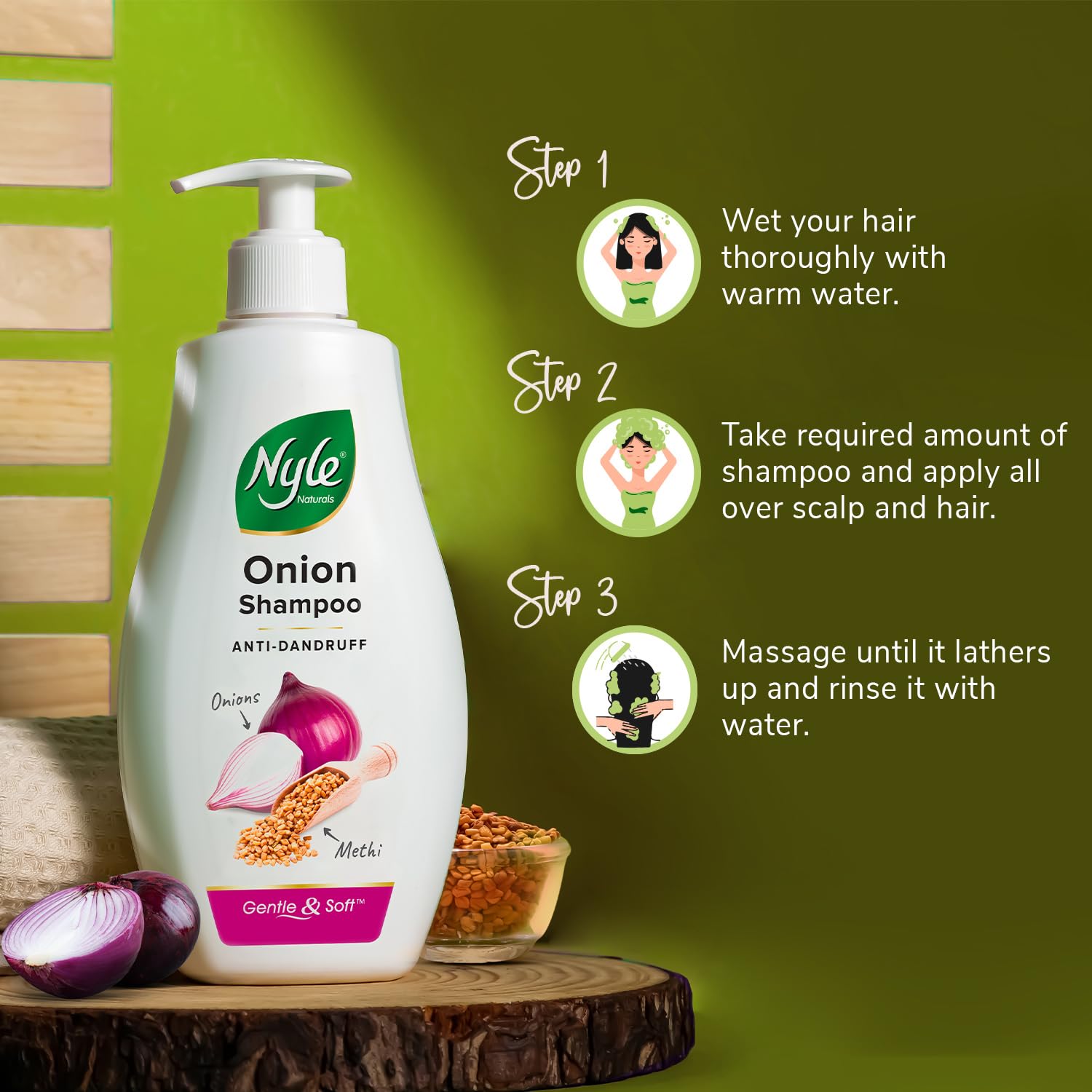 Nyle Naturals Onion Anti-Dandruff Shampoo with Fenugreek - Gentle, pH Balanced & Paraben Free for Men & Women (800ml) - Soothes Scalp & Reduces Flakes for Healthy Hair