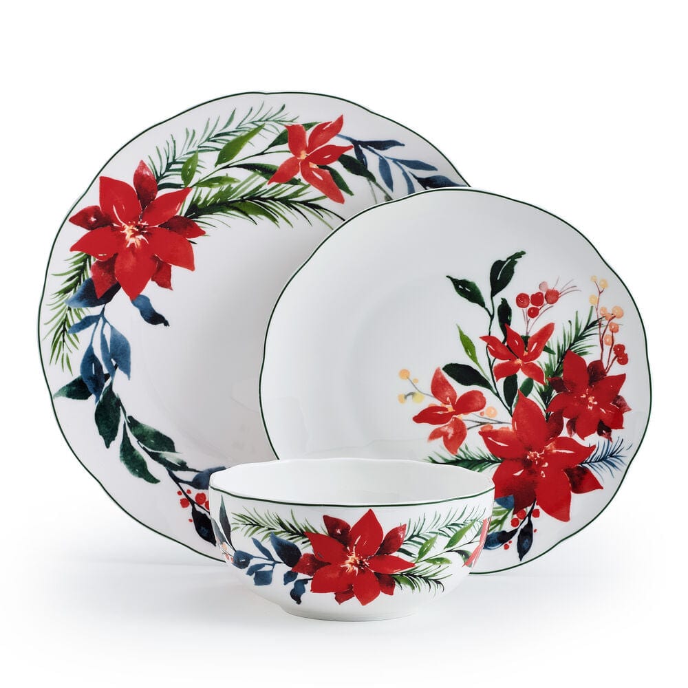 Merry Poinsettia 12-Piece Dinnerware Set - Service for 4 People - Elegant Holiday Tableware for Christmas Dinner & Festive Gatherings