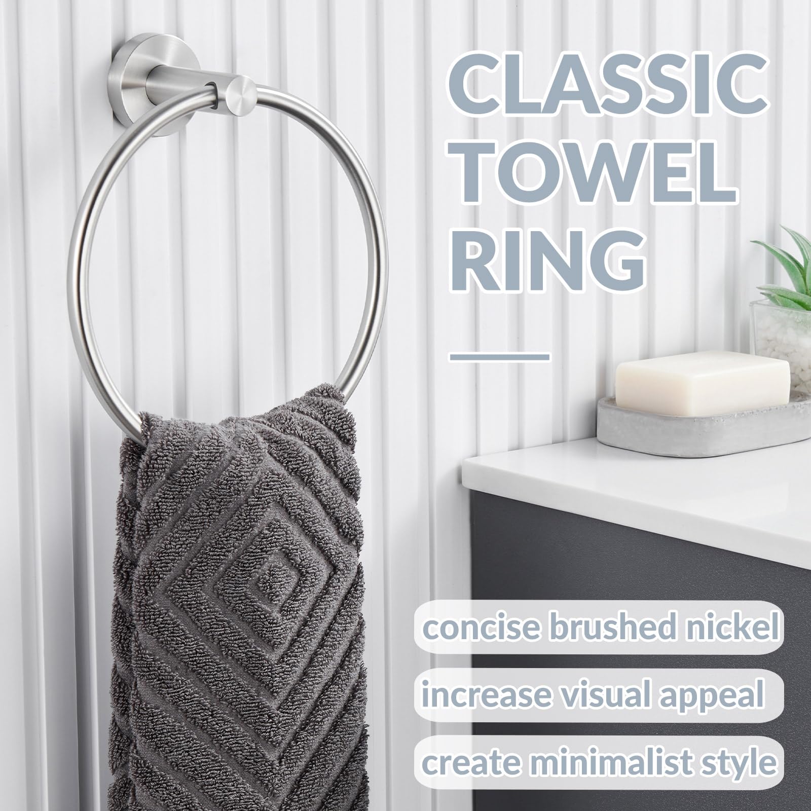 APLusee Brushed Nickel Towel Ring - 304 Stainless Steel Wall Mounted Hand Towel Holder for Bathroom & Kitchen - Single Round Swivel Hanger - Perfect for Small Spaces & Guest Bathrooms
