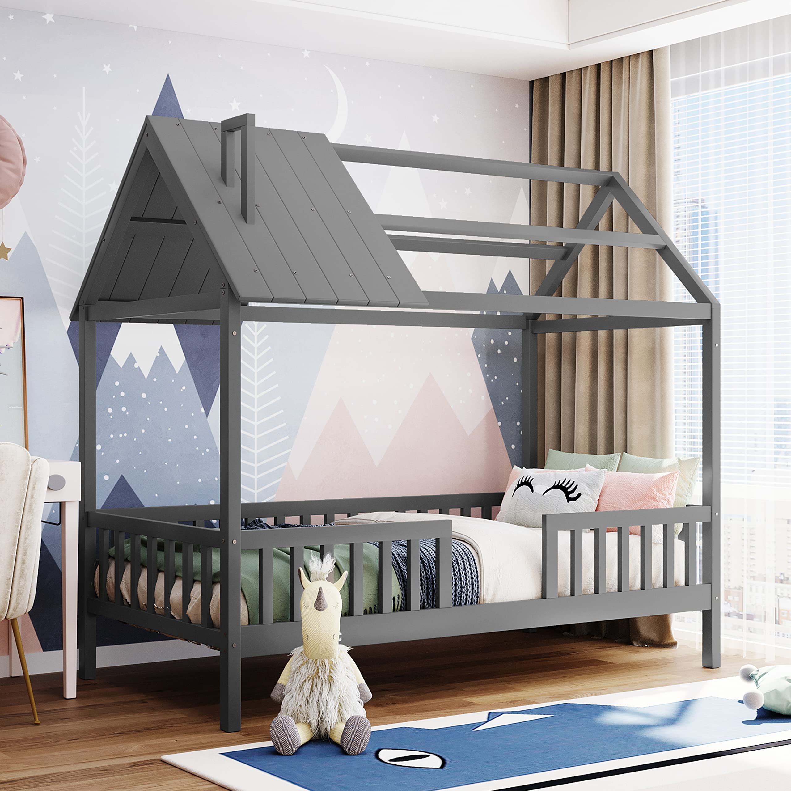 AOCOROE Twin Size Wooden House Bed Frame for Kids - Sturdy Platform Bed with Slats & Safety Guard Rails - Perfect for Boys & Girls Bedrooms, Playrooms & Cozy Sleep Spaces