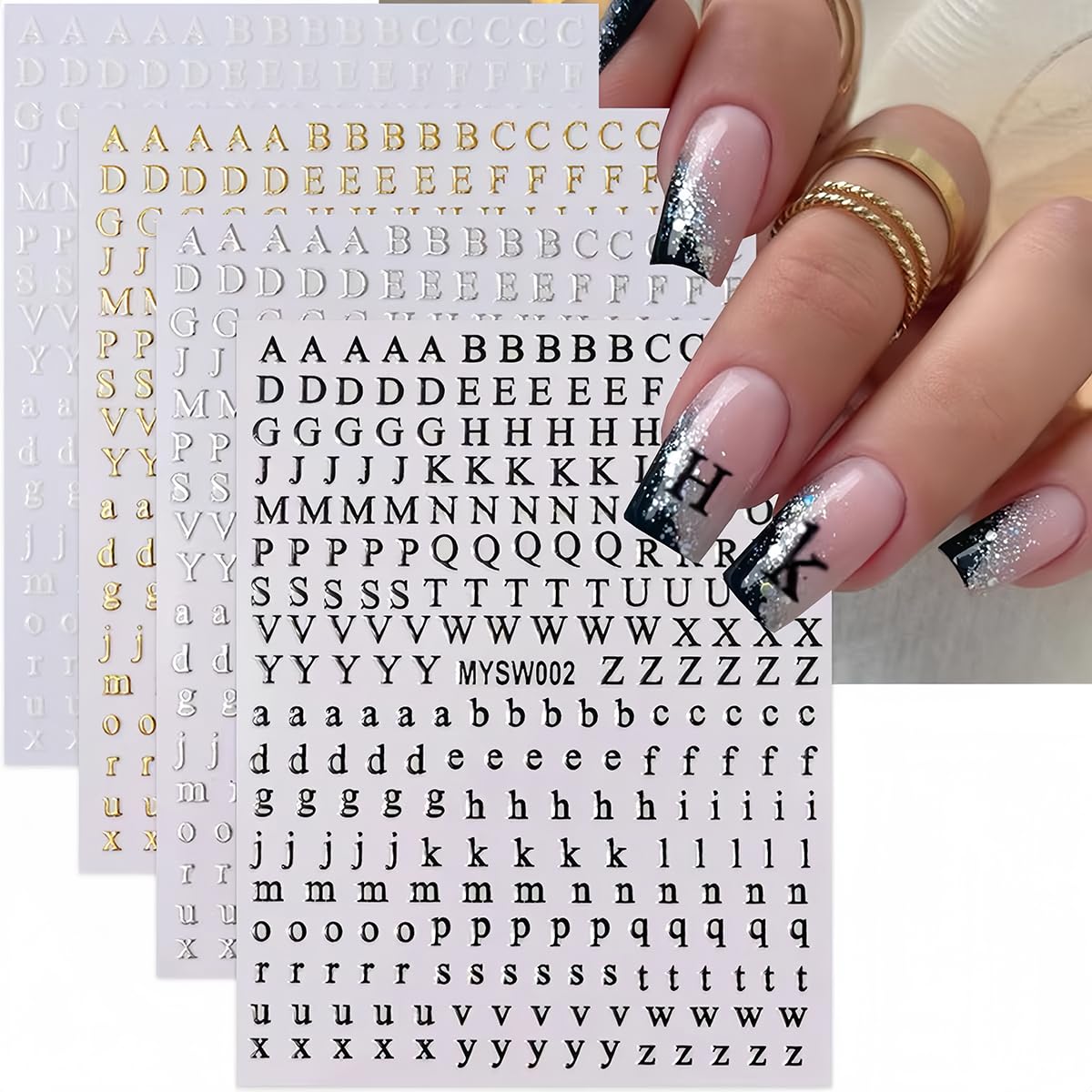 8 Sheets 3D Self-Adhesive Alphabet Nail Stickers - Black, White, Gold, Silver Letter Nail Decals for DIY Nail Art - Big & Small English Character Designs for Acrylic Nails, Manicures, Parties and Special Occasions