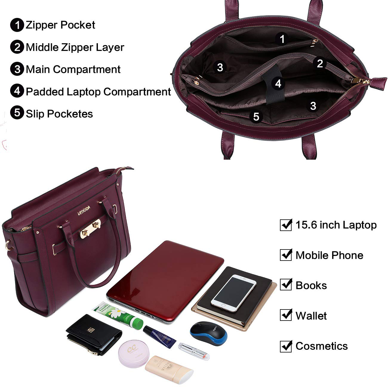 Stylish 15.6 Inch Laptop Tote Bag for Women - Multi-Pocket Padded Computer Bag with Shoulder Strap (Burgundy) - Perfect for Work, Travel & College Commute