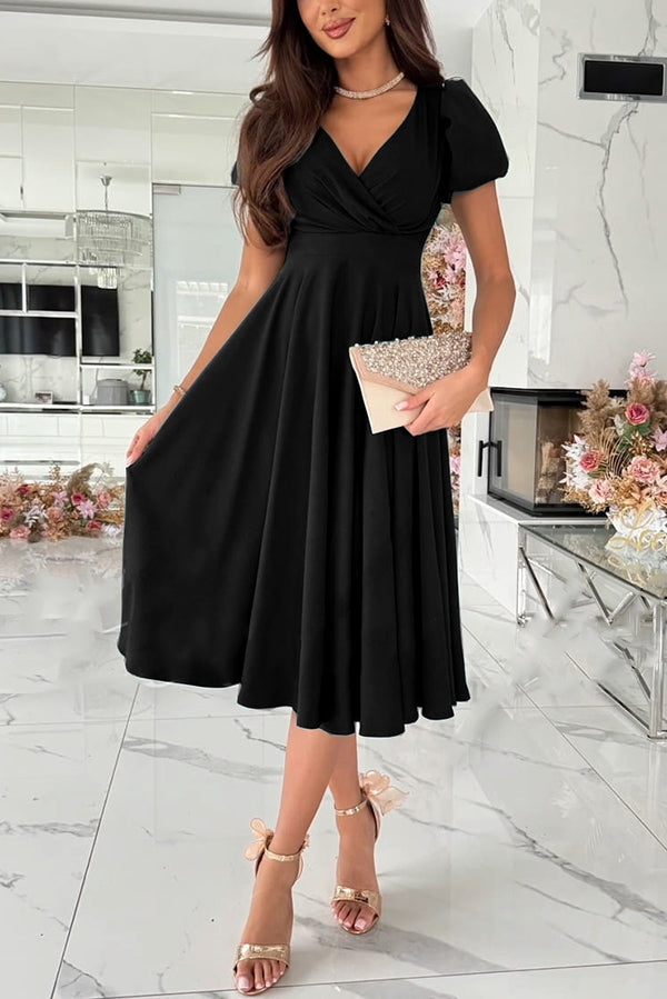 Zayla Women's Solid Color Puff Sleeve V-Neck Waist Slim Fit Midi Dress - Elegant Party, Wedding Guest & Office Wear