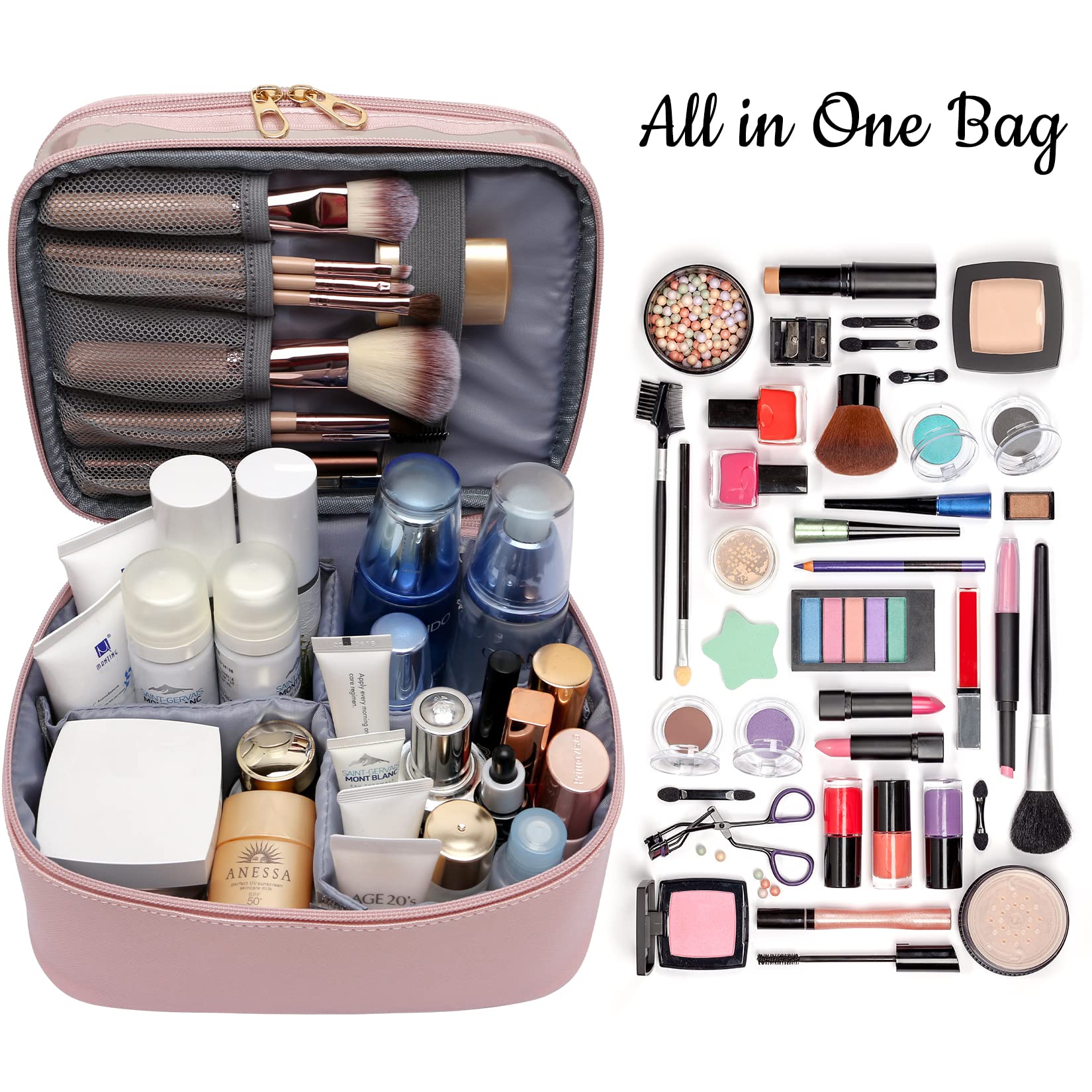 Premium Leather Makeup Bag for Women - Double Layer Large Cosmetic Organizer with Travel Essentials, Dorm Room Toiletry Bag - Perfect for Travel, Daily Use & Valentine's Day Gifts for Her/Wife