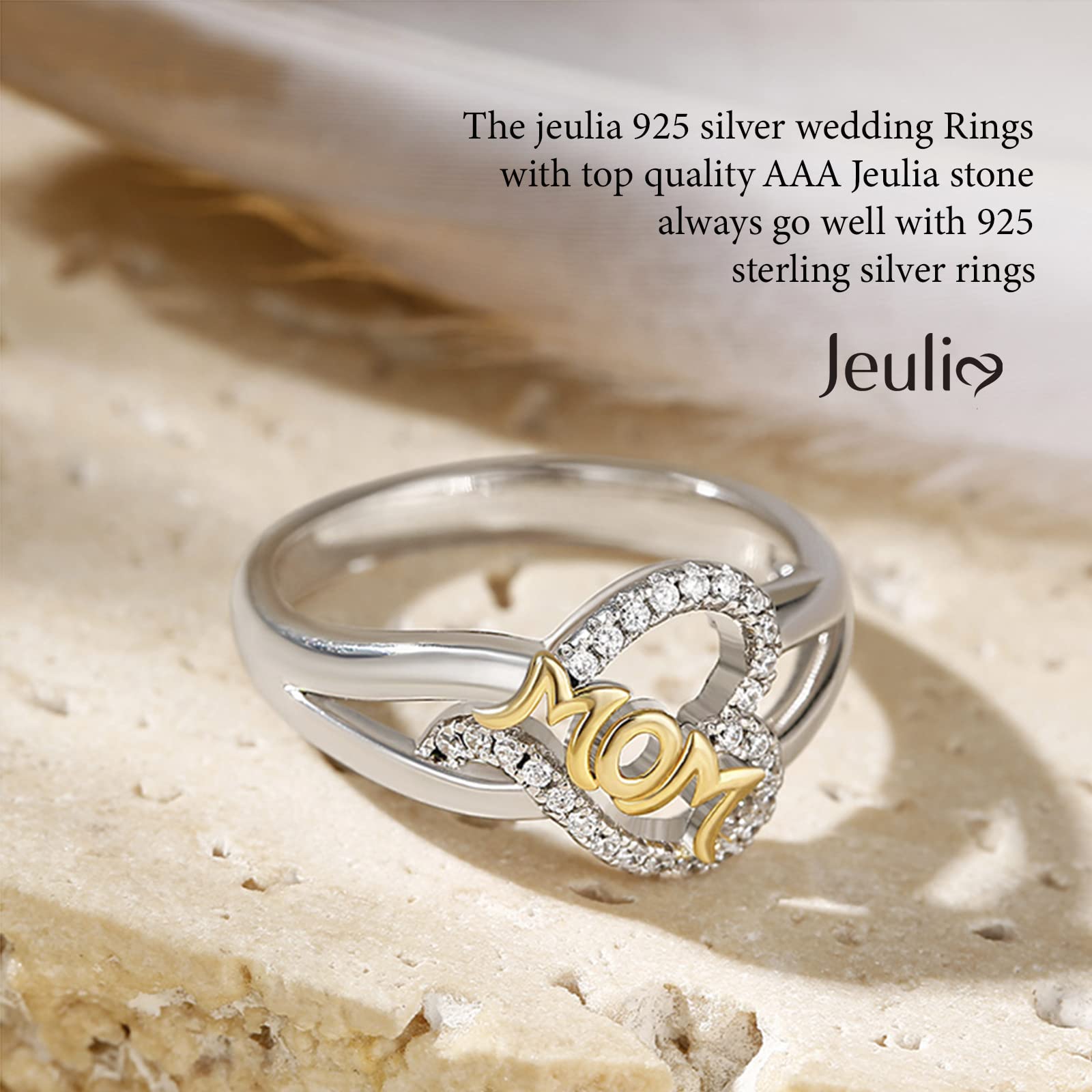 Jeulia Sterling Silver Gold Plated Rhinestone Heart Cut Ring - MOM Letter Ring for Mother's Day, Engagement, Wedding & Anniversary Gift with Jewelry Box | Perfect for Valentine's Day, Christmas & Special Occasions