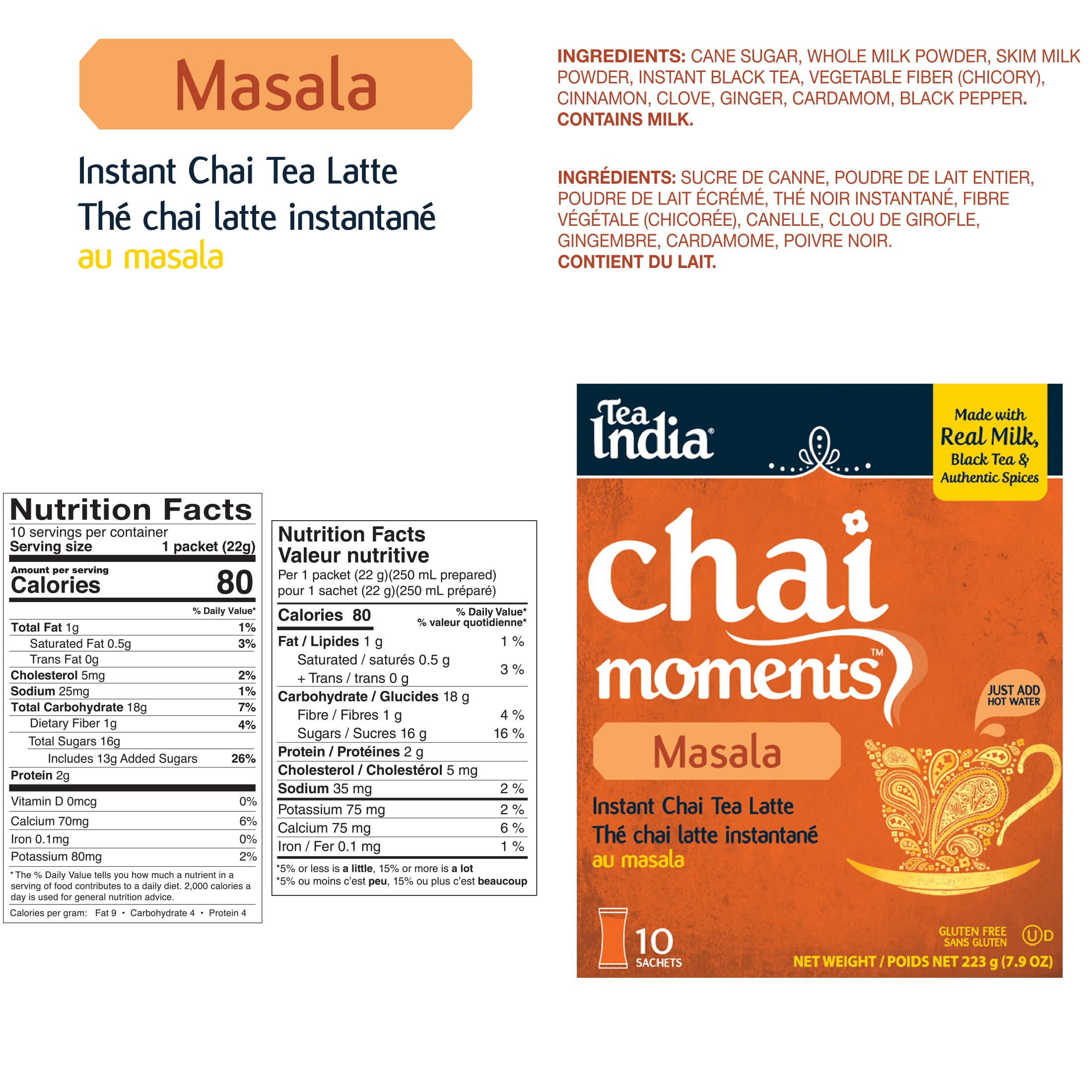 Premium Masala Chai Tea Latte Mix - Authentic Indian Spiced Black Tea with Natural Ingredients | Instant Caffeinated Chai Powder | 10 Individually Wrapped Sachets | Perfect for Morning Energy, Afternoon Pick-Me-Up & Cozy Evenings