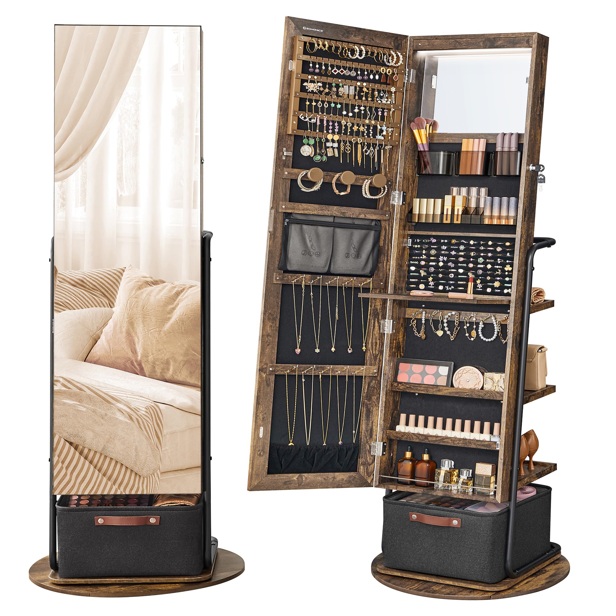 SONGMICS 360° Swivel Full-Length Mirror Jewelry Cabinet with LED Lights - Jewelry Armoire Organizer with Large Storage Basket & Makeup Shelf, Rustic Brown UJJC018X01 - Perfect for Bedroom, Dressing Room & Closet Organization