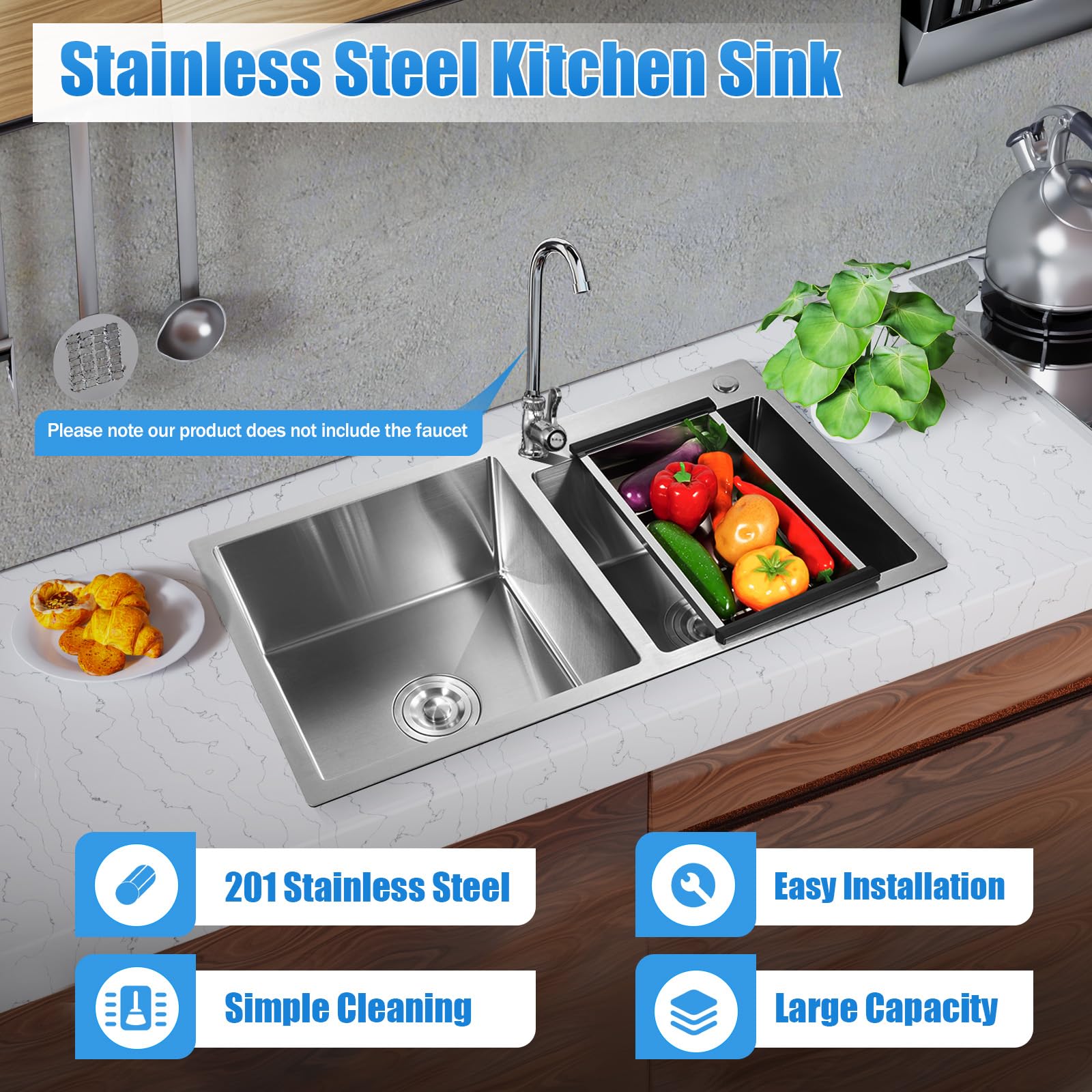 30 Inch Double Bowl Stainless Steel Kitchen Sink - Modern Nano-Coated Drop-in/Topmount Design with Drainage Pipes & Fruit Baskets (30.7