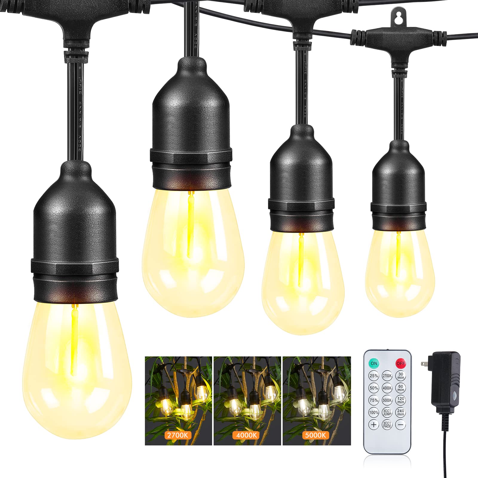 Auroraworld 48FT Outdoor LED Dimmable String Lights with Remote - Waterproof Edison Bulb Lights for Patio, Garden, Cafe - Warm White & Daylight White Shatterproof Plug-in Lights (Perfect for Backyard, Wedding, Party Decor)