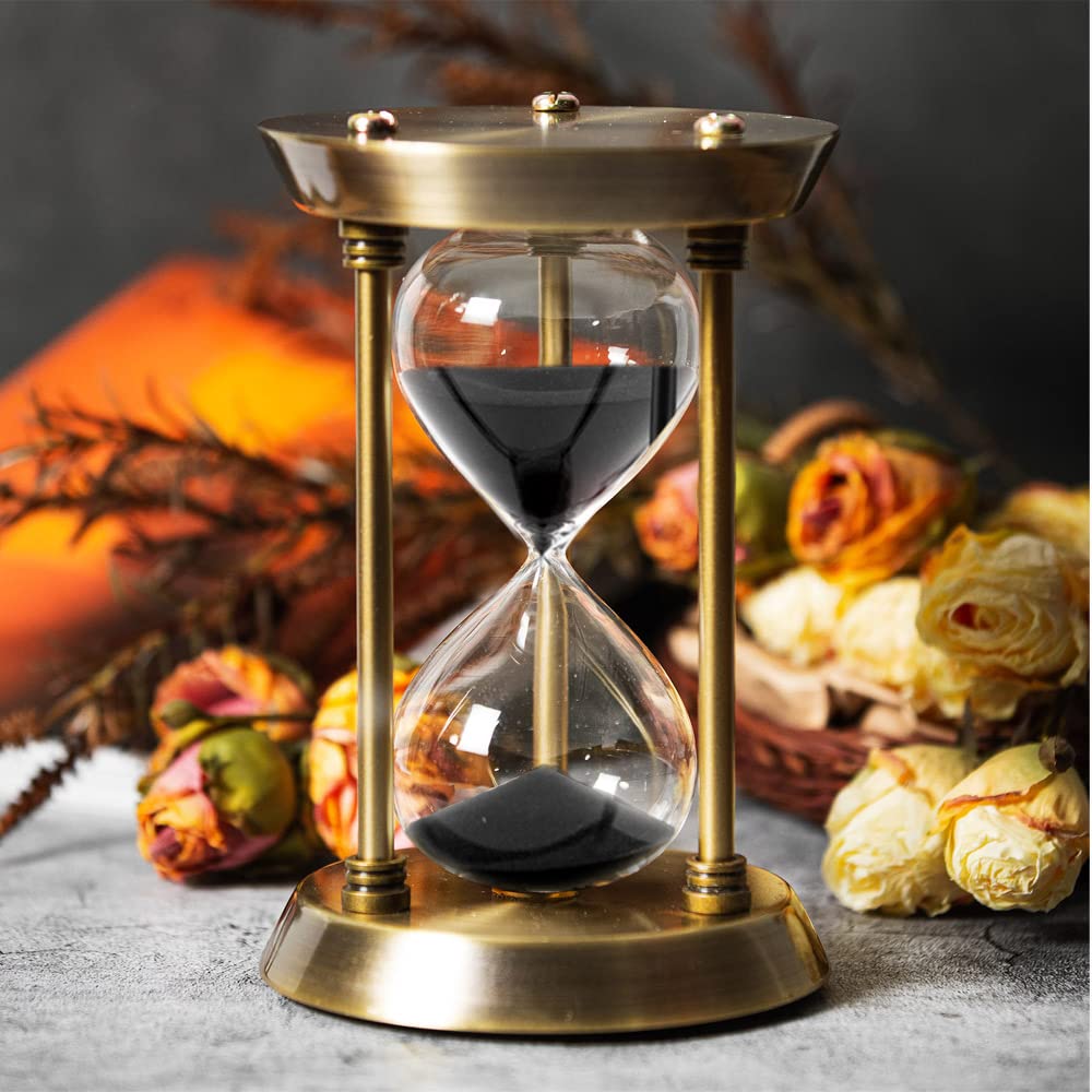 60 Minute Hourglass Sand Timer with Metal Frame - Large Antique Bronze Sand Clock with Black Sand for Home Decor, Office Desk, Meditation & Yoga Timer, Vintage Gift Idea