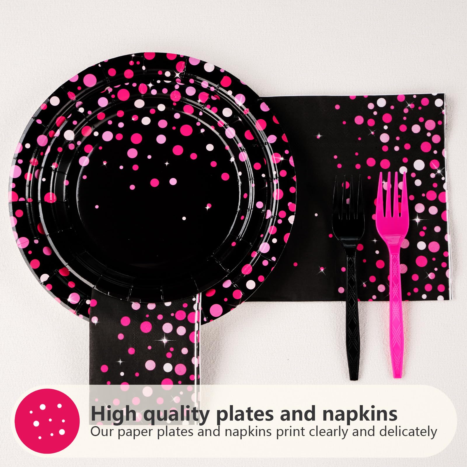 96-Piece Hot Pink & Black Party Supplies Set - 350GSM Dotted Party Plates, Napkins - Bachelorette, Birthday, Wedding Tableware Decor (Serves 24) - Perfect for Bridal Showers, Baby Showers & Themed Parties