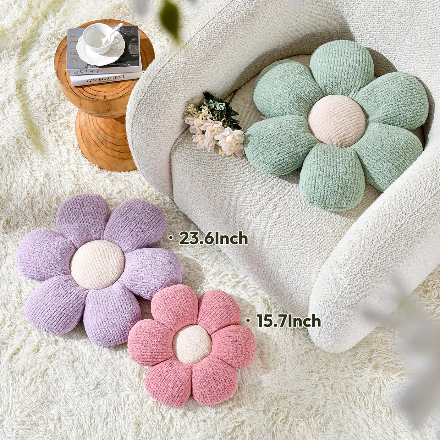 SIOLOC Aesthetic Flower Pillow - Decorative Throw Pillow for Bed, Couch & Floor (Sage Green, 15.7