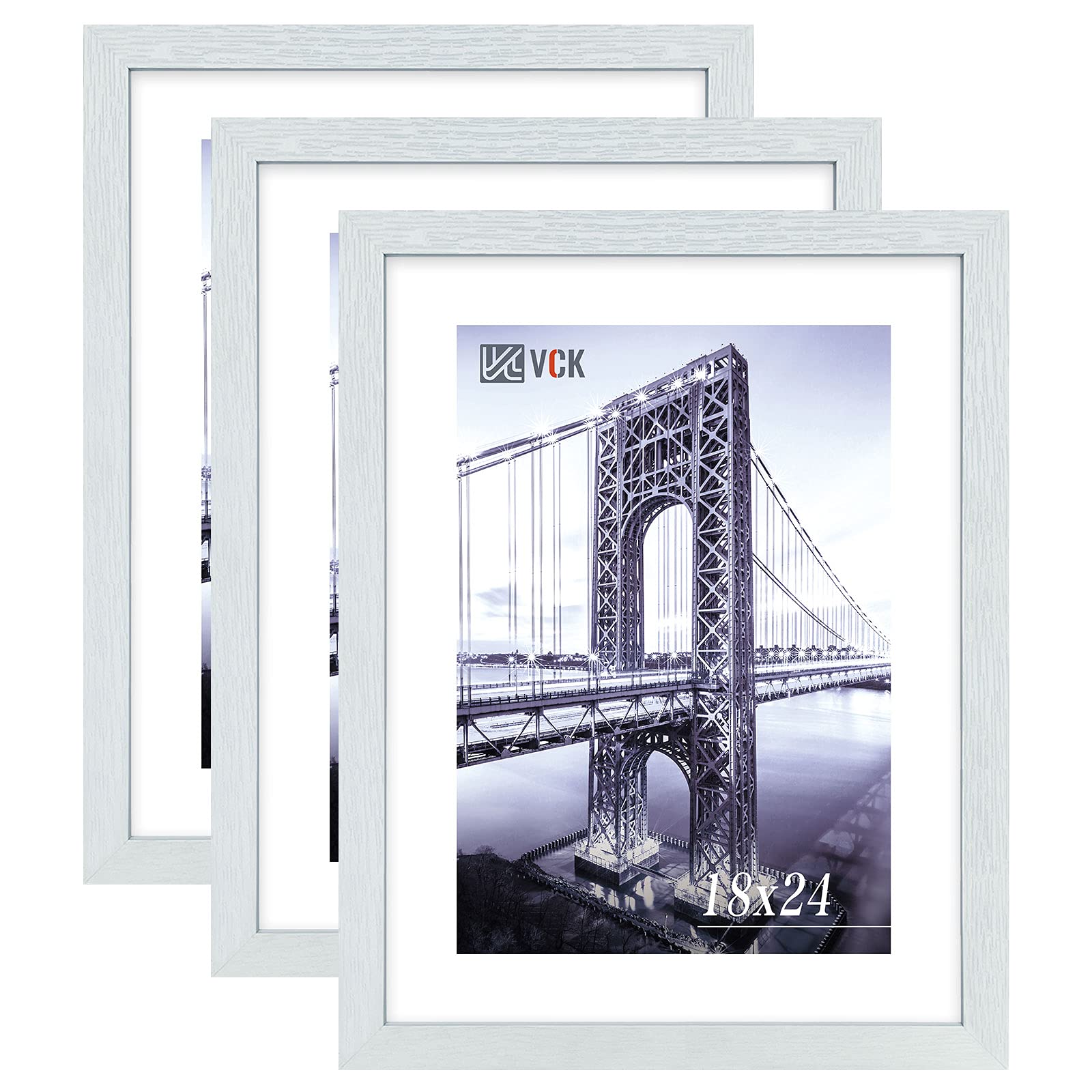 VCK 18x24 Poster Frames 3 Pack - White MDF Wood & Polished Plexiglass Picture Frames for Wall Art - Horizontal & Vertical Display - Perfect for Home Decor, Office, Gallery & School Projects