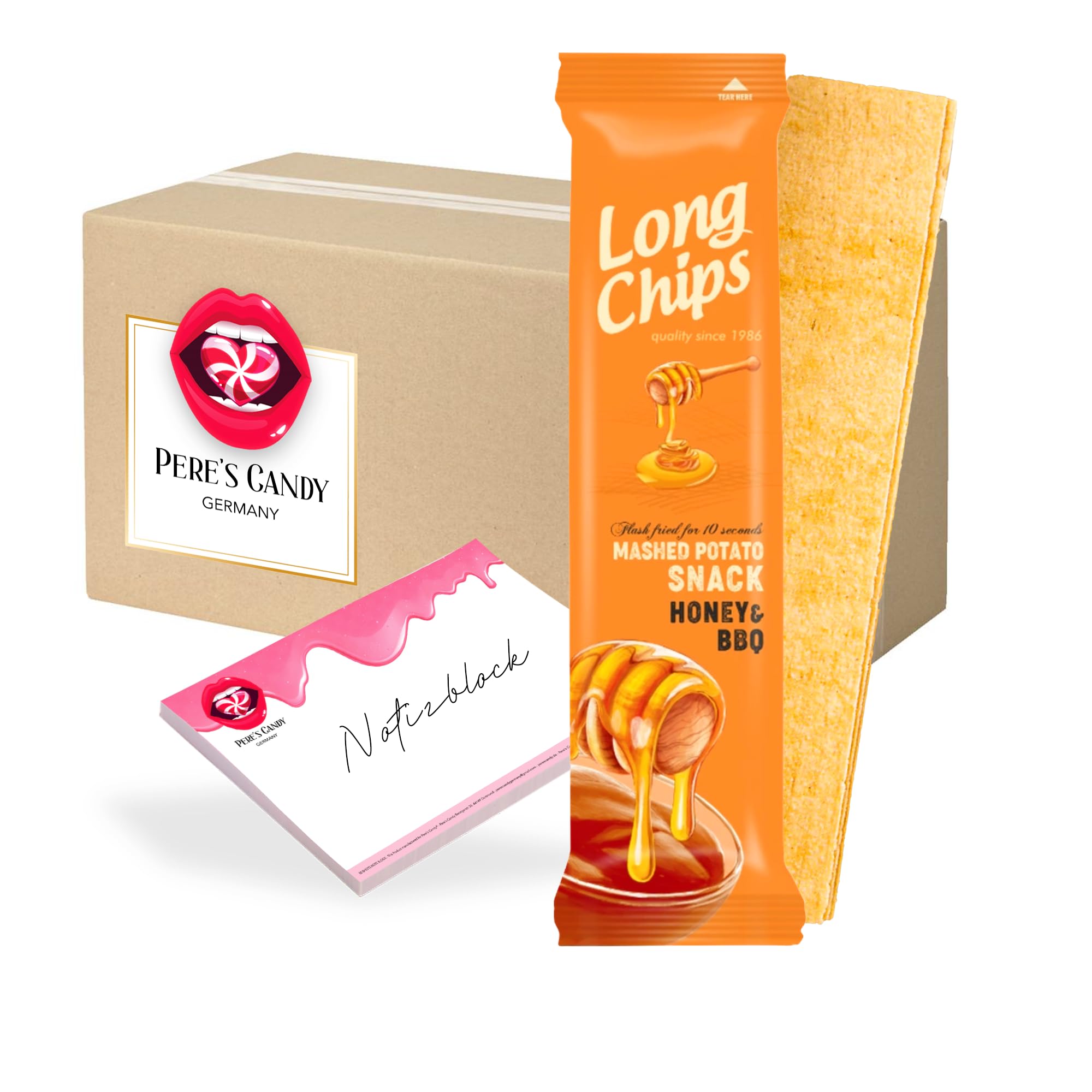 Pere's Candy® Long Chips Honey & BBQ Flavor Bundle - 10 Pack (75g Each) + Free A7 Notepad (25 Sheets) - Perfect for Snacking, Gifts & Office Use