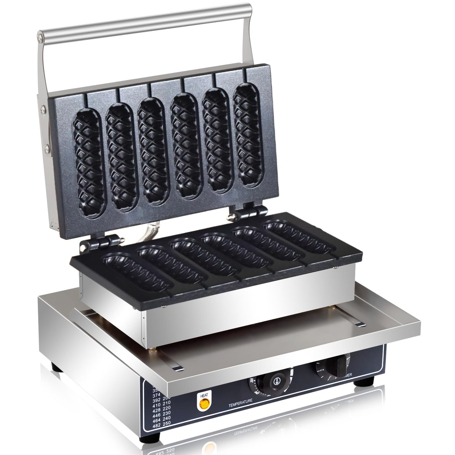 Commercial Corn Dog Waffle Maker 1600W - 6 Slice Non-Stick Stainless Steel Waffle Iron with Temperature & Time Control - Perfect for Restaurants, Bakeries, Snack Bars & Home Use - Make Delicious Corn Dog Waffles with Lolly Sticks for Parties, Events & Quick Snacks