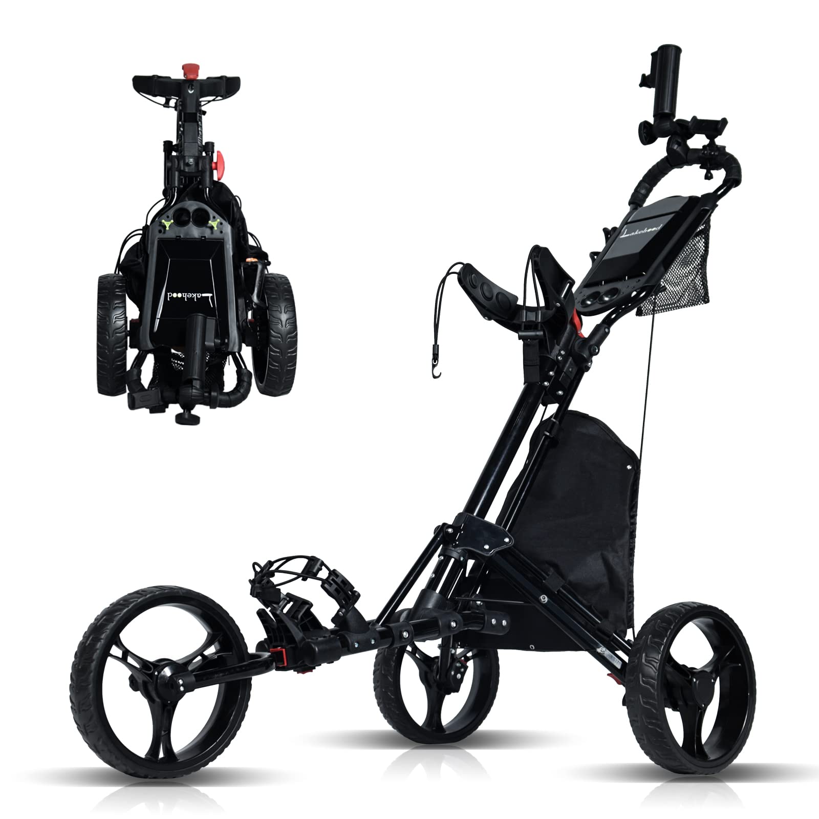 Premium 3-Wheel Golf Push Cart - Lightweight & Foldable Golf Pull Cart with Scorecard Holder, Phone Mount & Storage Bag - Ideal for Golf Clubs & Bags | Perfect for Course Rounds, Practice Sessions & Tournament Play