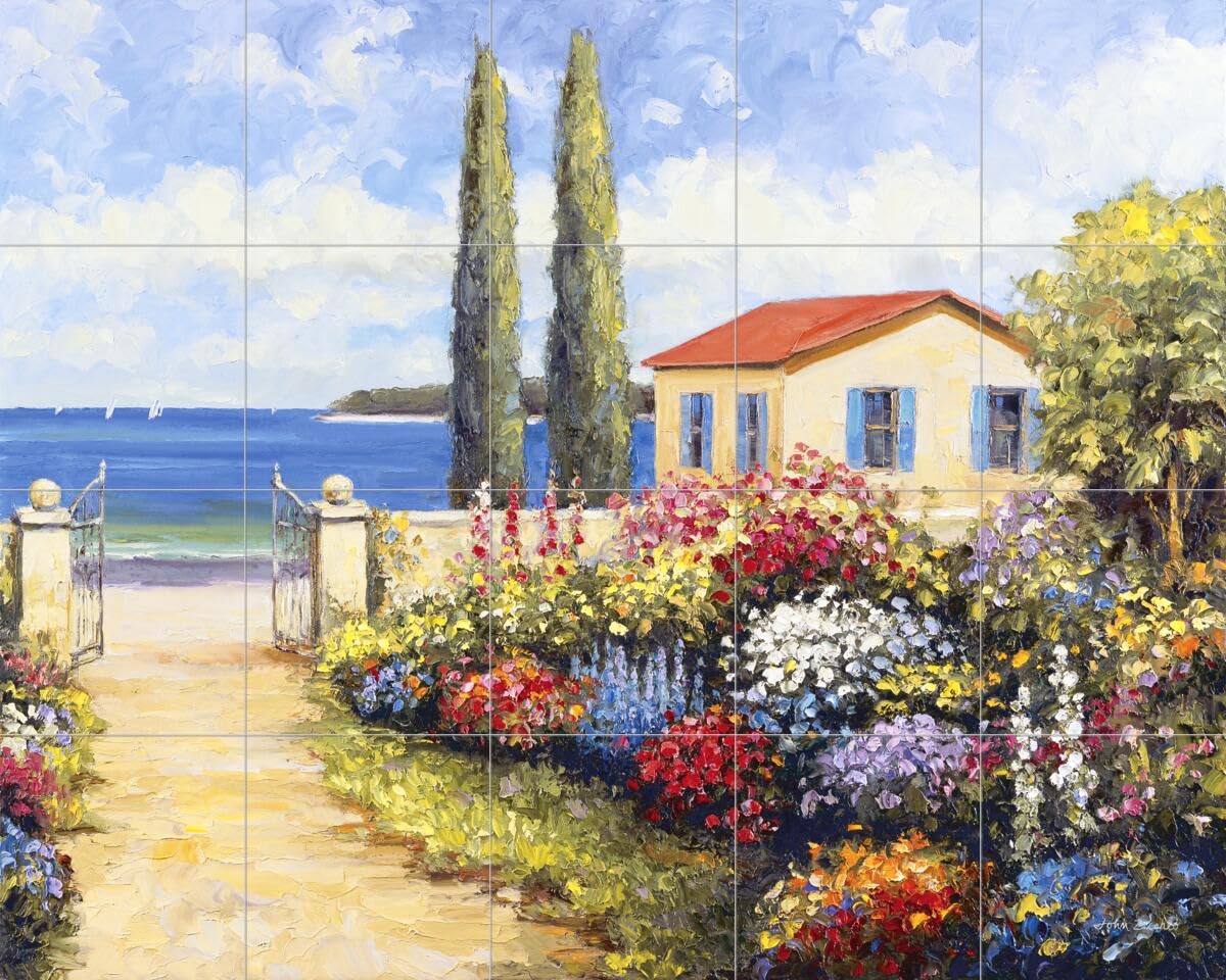 John Zaccheo Coastal Garden Walk Ceramic Backsplash Tile Mural - Handmade Kitchen Backsplash, Bathroom & Shower Wall Decor - Perfect for Farmhouse, Coastal, or Mediterranean Style Homes