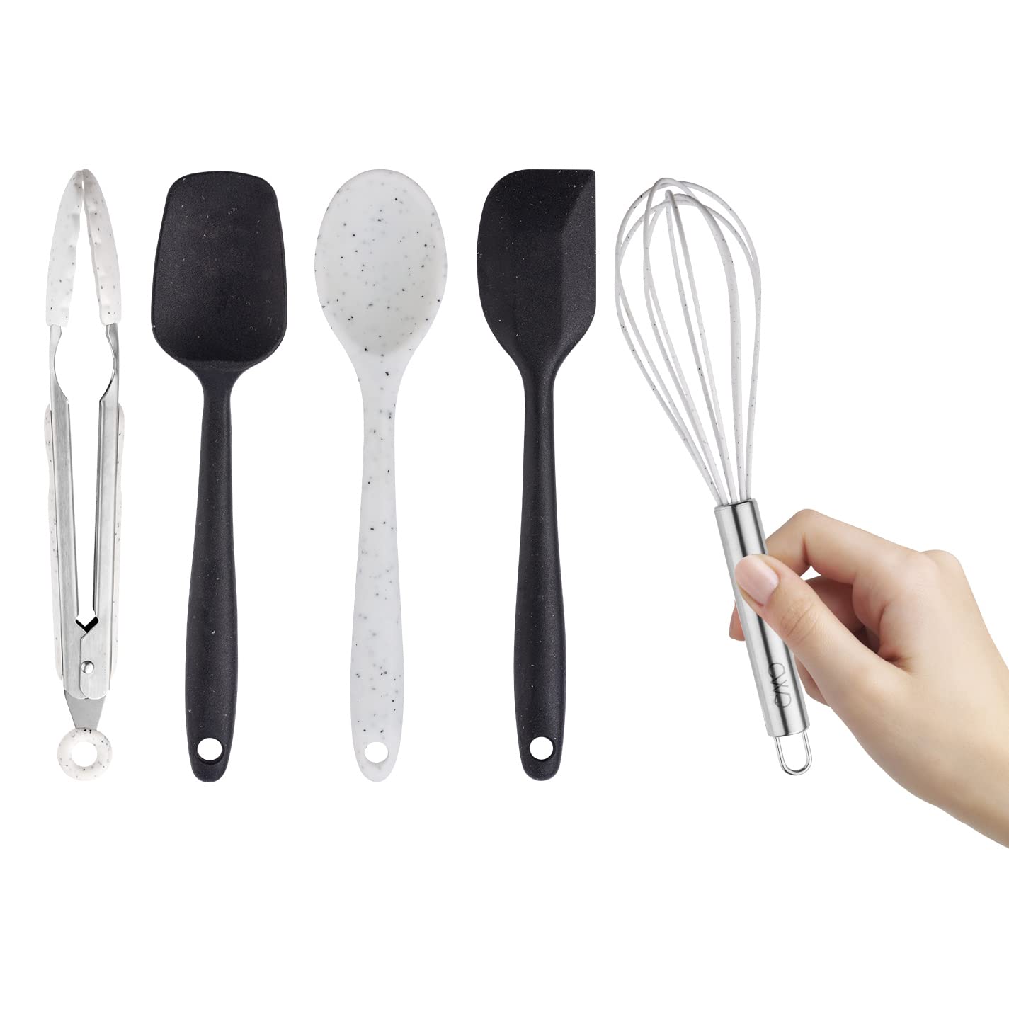 Colorful 5-Piece MINI Kitchen Utensil Set - Silicone Cooking Tools with Whisk, Tongs, Spatula, Spoonula & Spoon (Black & White) | Perfect for Small Spaces, RVs, Dorms & Gift Giving