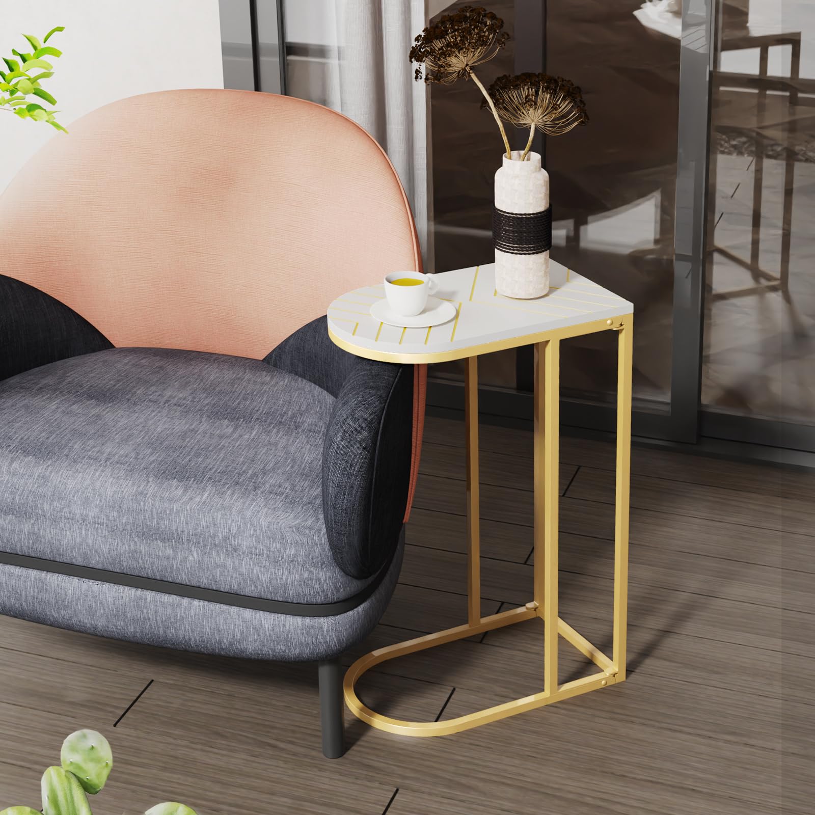 RiteSune Gold Folding C-Shaped End Table - Space Saving TV Tray & Snack Table with Metal Frame - Slide Under Couch Side Table for Living Room, Bedroom - Perfect as Sofa-Side Laptop Desk for Small Spaces