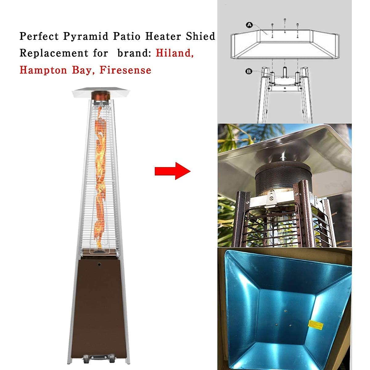 4-Sided Pyramid Patio Heater Shield - Durable Heat Reflector Replacement for Outdoor Gas Heaters (3 Hole Mount) - Perfect for Backyard, Deck & Patio Heating in Winter