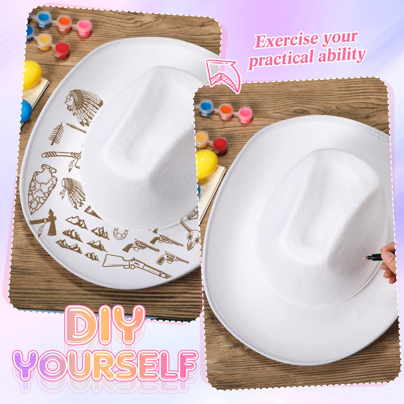 JaGely 22 Pcs White Cowboy Hat Set - Adjustable Western Cowboy Hats for Men & Women - Wide Brim Plain Cowgirl Hat with Neck Drawstring - Perfect for Costume Parties, Rodeo Events, and Western Themed Outfits