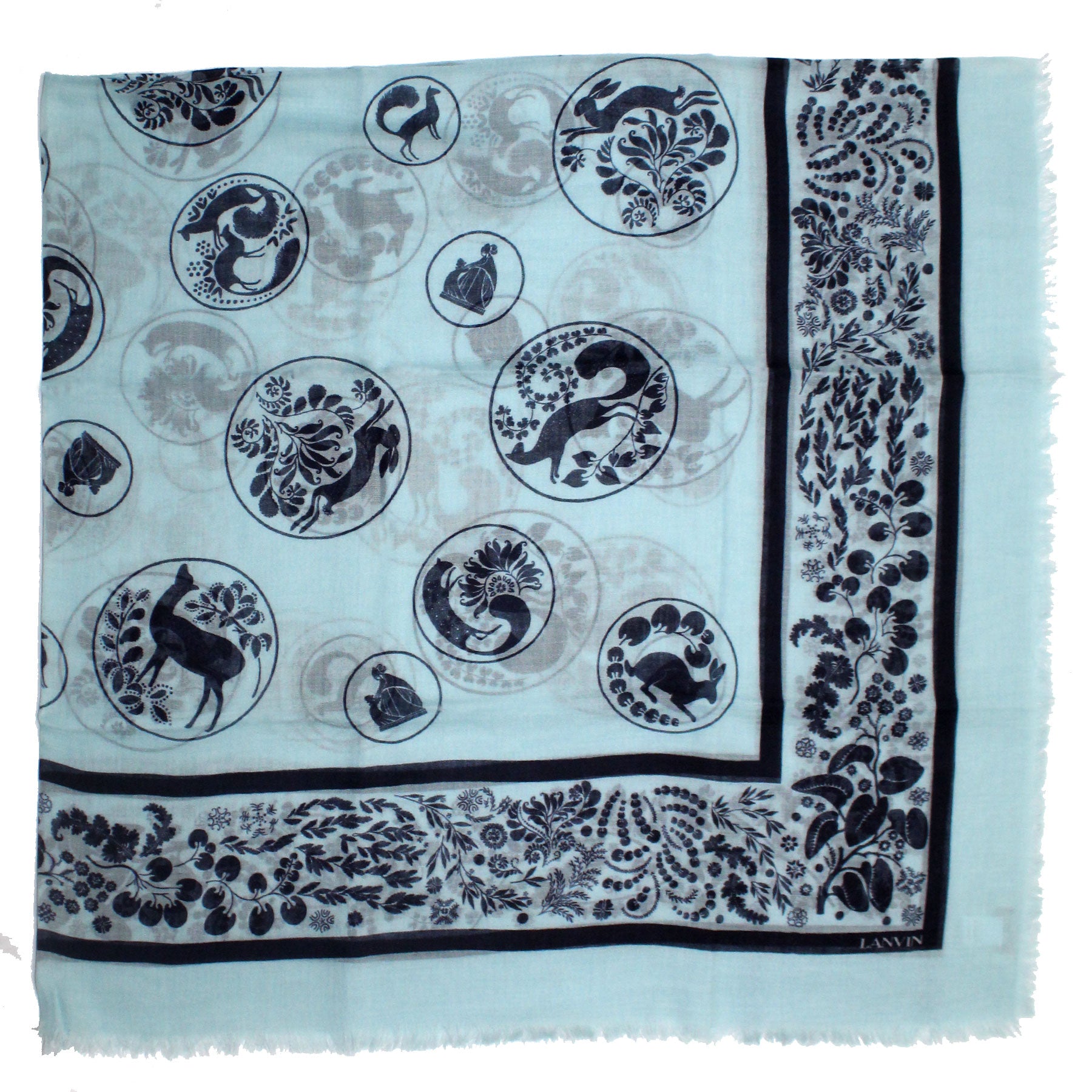 Lanvin Sky Blue Floral & Animal Print Wool Extra Large Square Scarf Shawl - Soft Warm Winter Wrap for Women, Perfect for Office, Travel & Special Occasions
