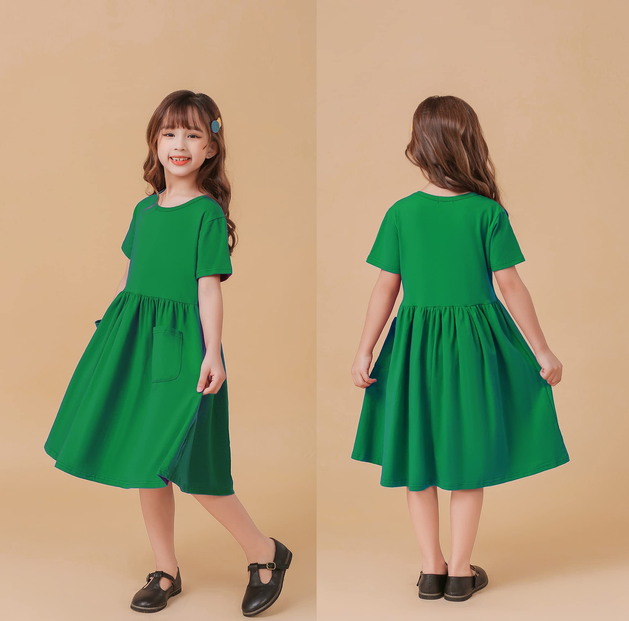Girls Short Sleeve A-Line Pleated Dress - Solid Color Casual Pocket Dress for Kids | Perfect for School, Playdates & Summer Outings