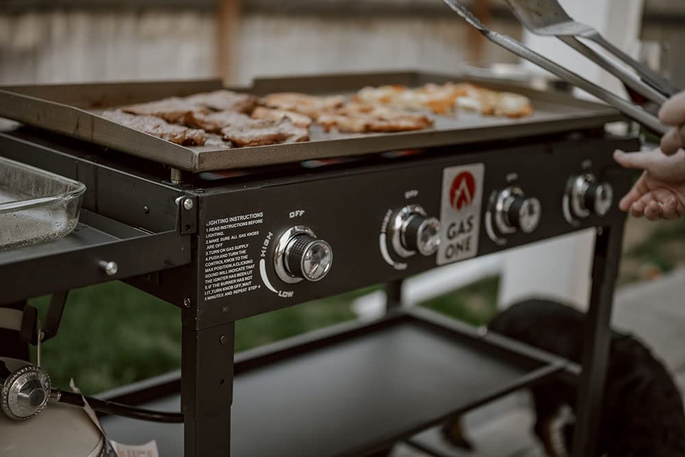 Gas One 36-Inch Flat Top Propane Grill Griddle - Foldable 4-Burner Outdoor Cooking Station with Pre-Seasoned Surface & Side Shelves - Professional Black Griddle for Backyard BBQ, Tailgating & Camping