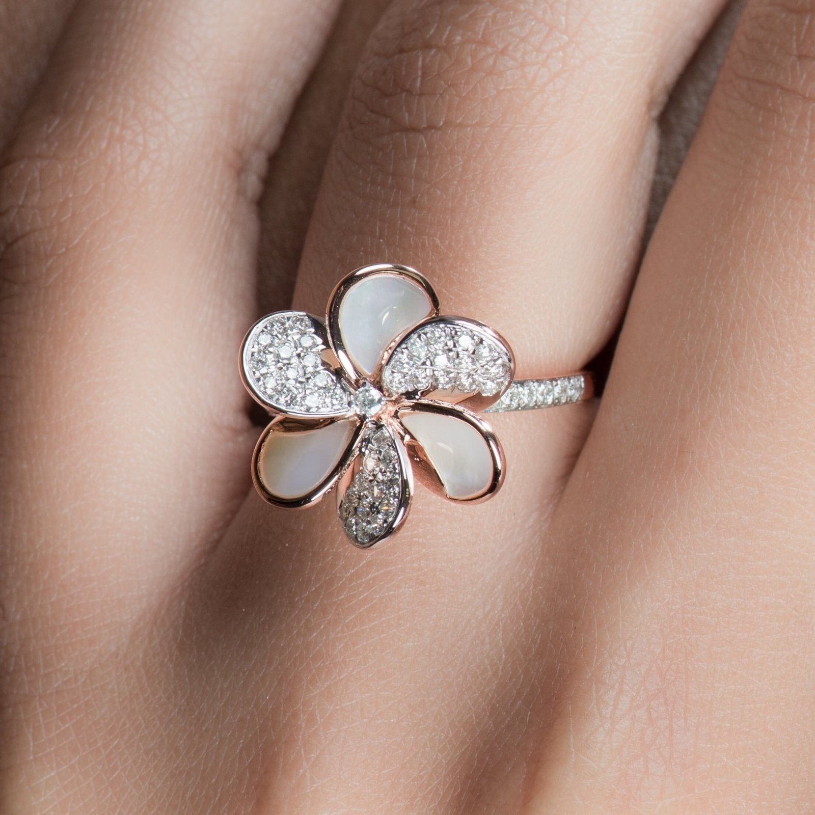 14K Rose Gold Mother of Pearl & Diamond Pave Flower Cocktail Ring - Elegant Jewelry for Parties, Weddings & Special Occasions