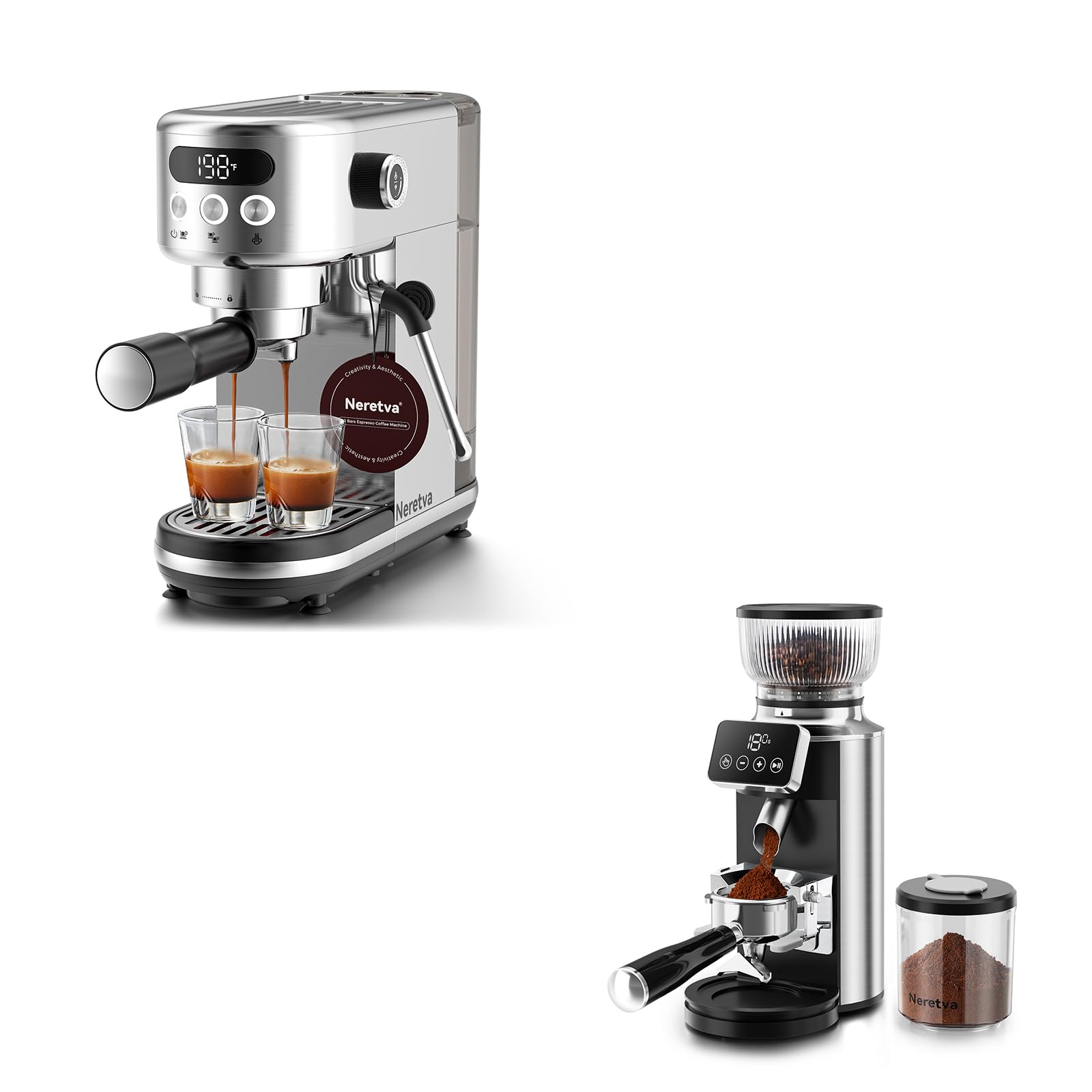 Neretva 20 Bar Professional Espresso Machine with LED Display & Milk Frother | Compact Home Coffee Maker | 2-in-1 Stainless Steel Burr Coffee Grinder with Portafilter | Perfect for Home Baristas & Small Kitchens