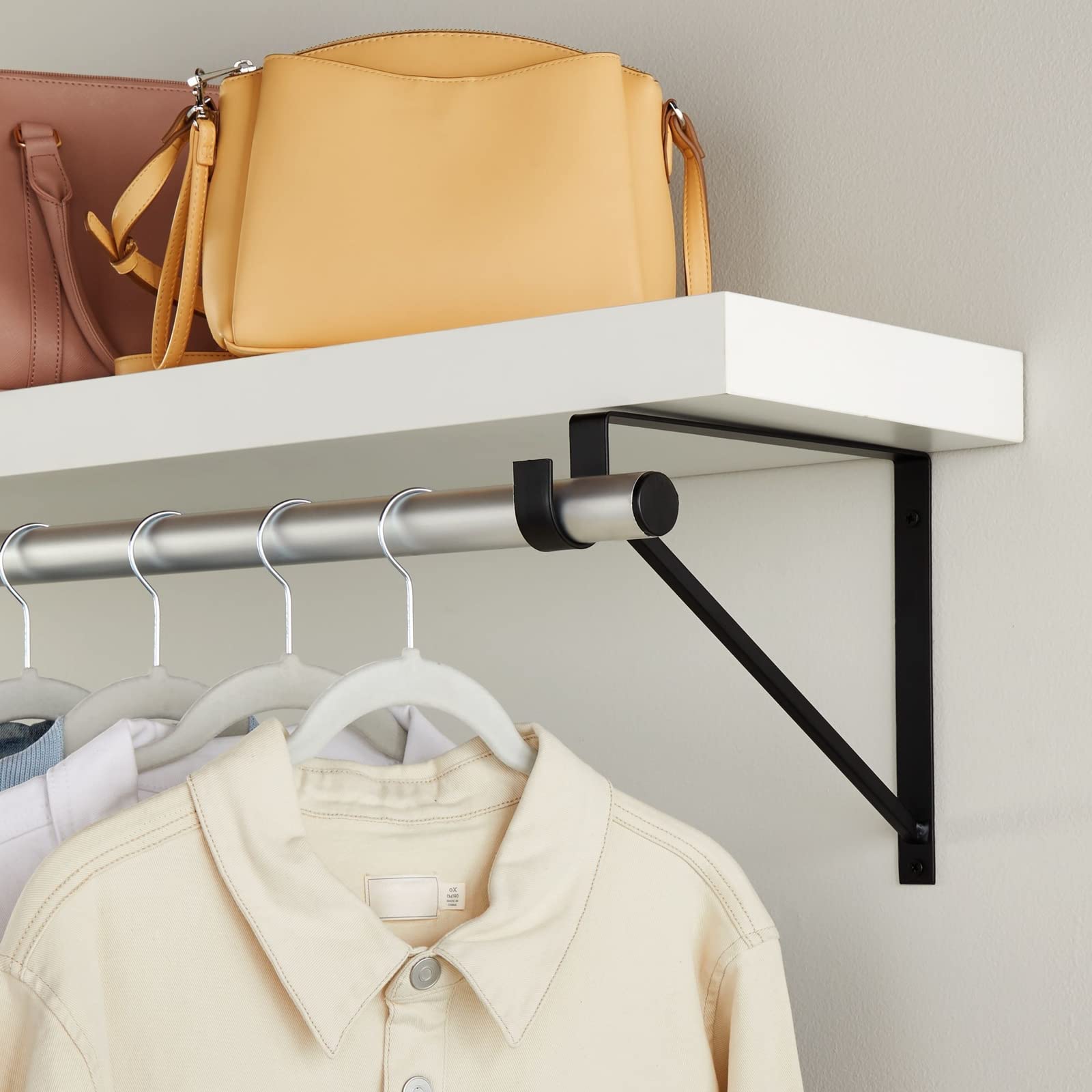 Okuna Outpost 4 Pack Black Metal Closet Shelf Bracket with Rod Holder - Heavy Duty Closet Organizer for Shelving & Home Storage (12.5 x 1 x 9.5 Inches) - Perfect for Bedroom Closet Organization, Laundry Room & DIY Home Improvement Projects
