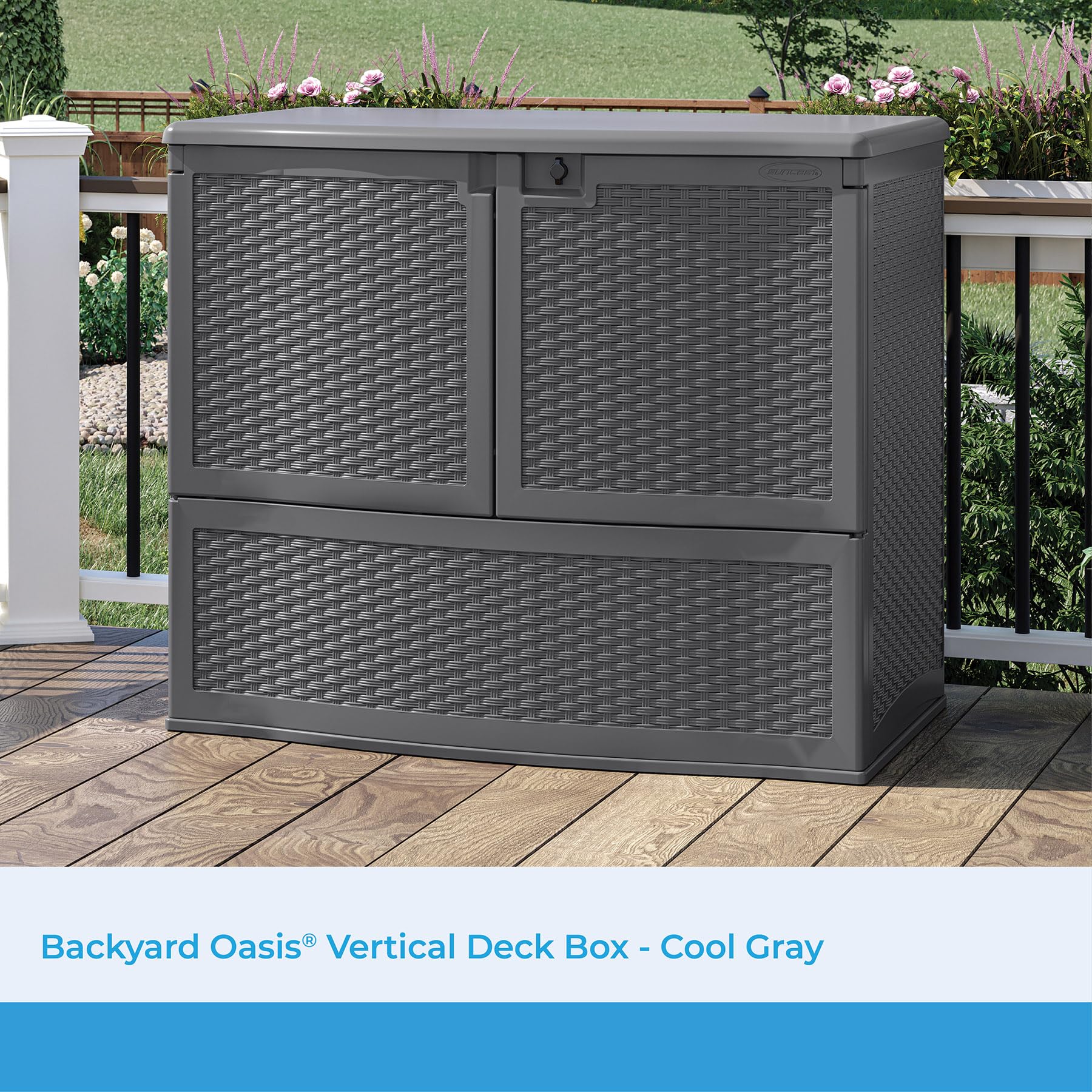 Suncast Backyard Oasis 195-Gallon Vertical Deck Storage Box - Outdoor Patio Furniture Cushion Organizer, Grill Tools & Pool Accessories Container - Cool Gray - Perfect for Deck, Porch & Backyard Organization