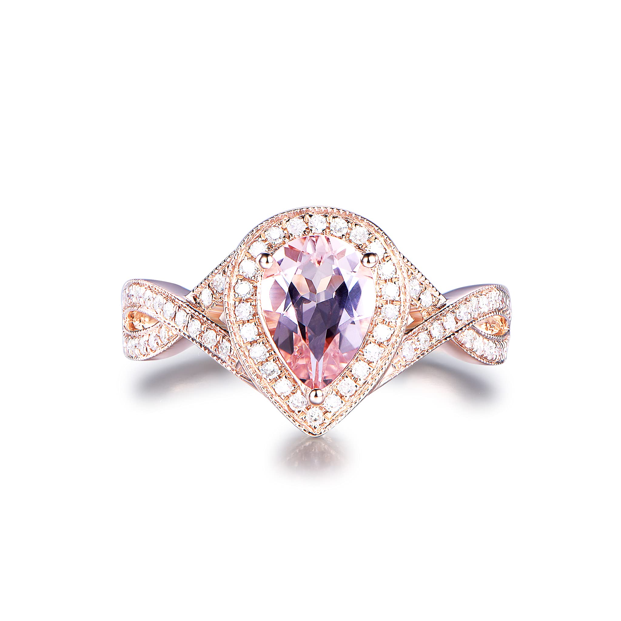 14K Rose Gold Pear Morganite Engagement Ring with Pave Diamond Accents & Infinity Shank - 6x8mm Size 5 | Perfect for Proposals, Anniversaries & Romantic Occasions