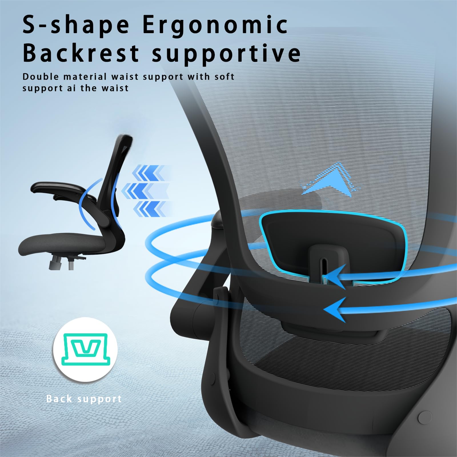 Ergonomic Office Chair with Adjustable Armrests & Lumbar Support - Breathable Mesh Back Computer Desk Chair for Home Office, Gaming, Study & Workstation (Black) - Perfect for Long Hours Sitting Comfort
