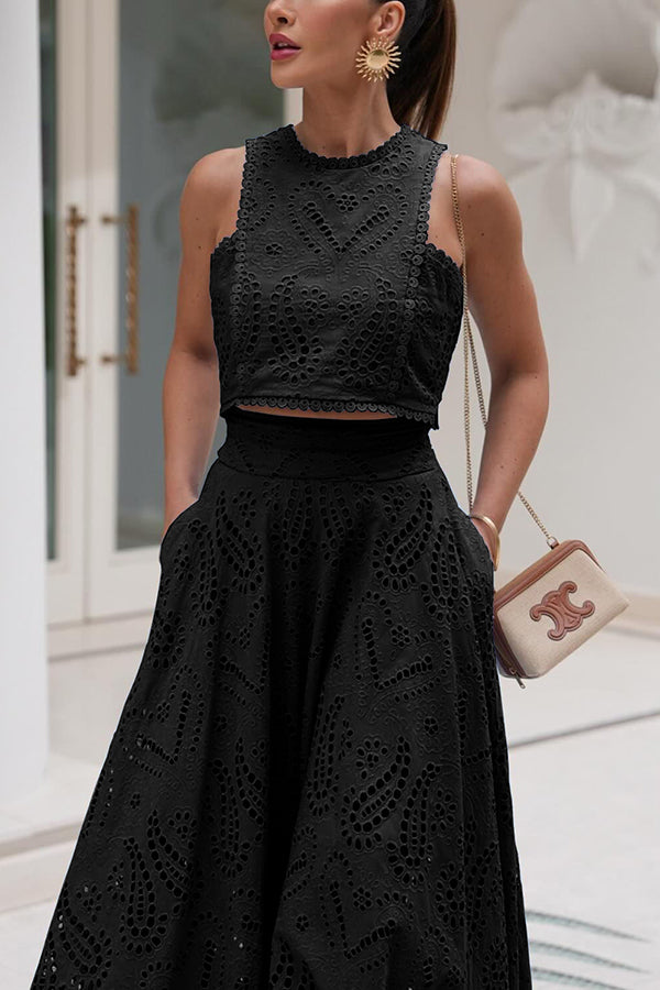 Paris Dreaming Embroidered Lace High Waist Maxi Skirt with Pockets - Elegant Floral Design for Women, Perfect for Weddings, Parties & Summer Outfits