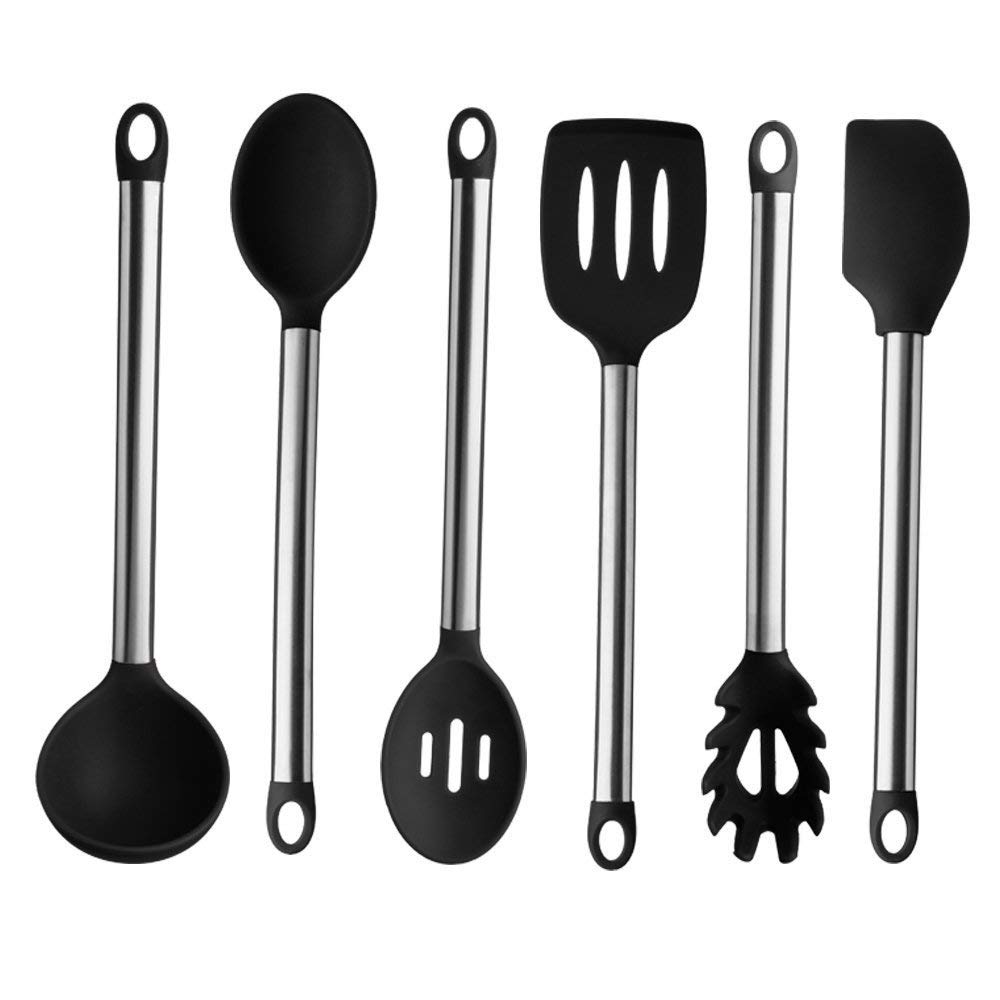 6-Piece Silicone & Stainless Steel Kitchen Utensil Set - Non-Slip Heat Resistant Cooking Tools for Baking, Frying & Serving - Black
