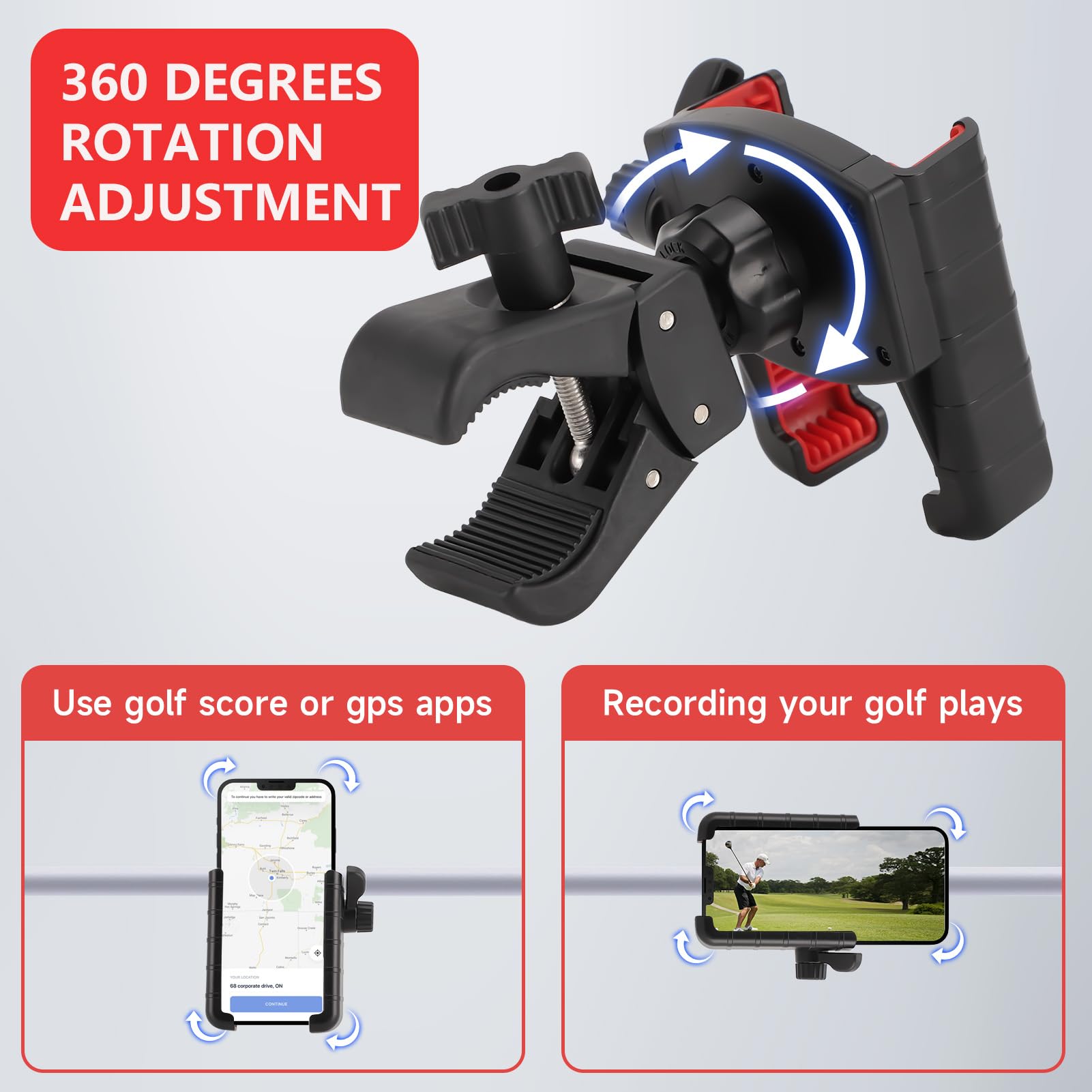 360° Rotatable Golf & Bike Phone Holder - Universal Motorcycle Phone Mount for iPhone & Android - Perfect for Golfing, Cycling & Outdoor Adventures